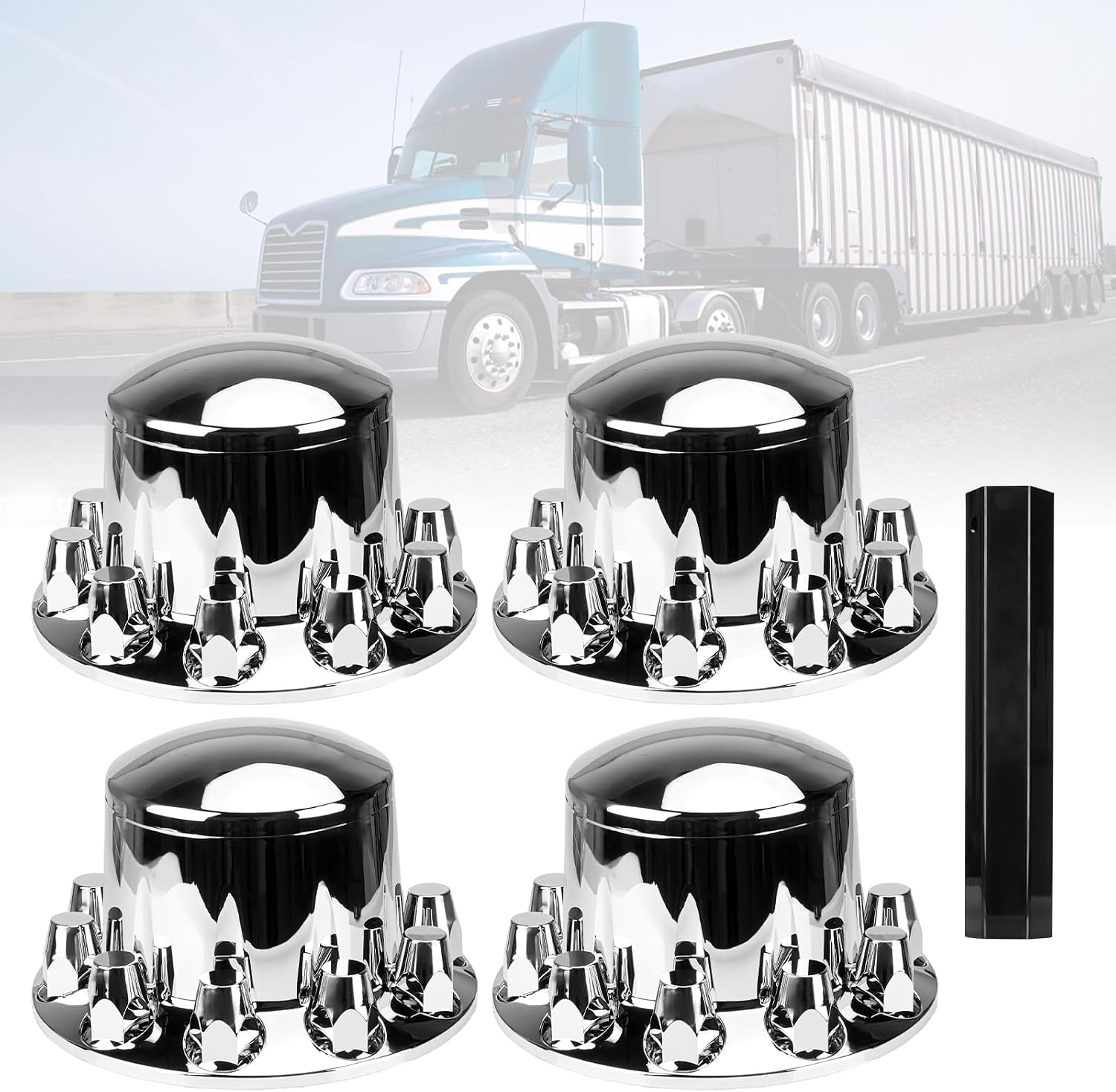 Rear Axle Wheel Covers Kit 33mm Axle Cover Chromed Thread-On Standart Lug Nut Covers with Removable Hub Caps for Semi Truck (Installation Tool Included)