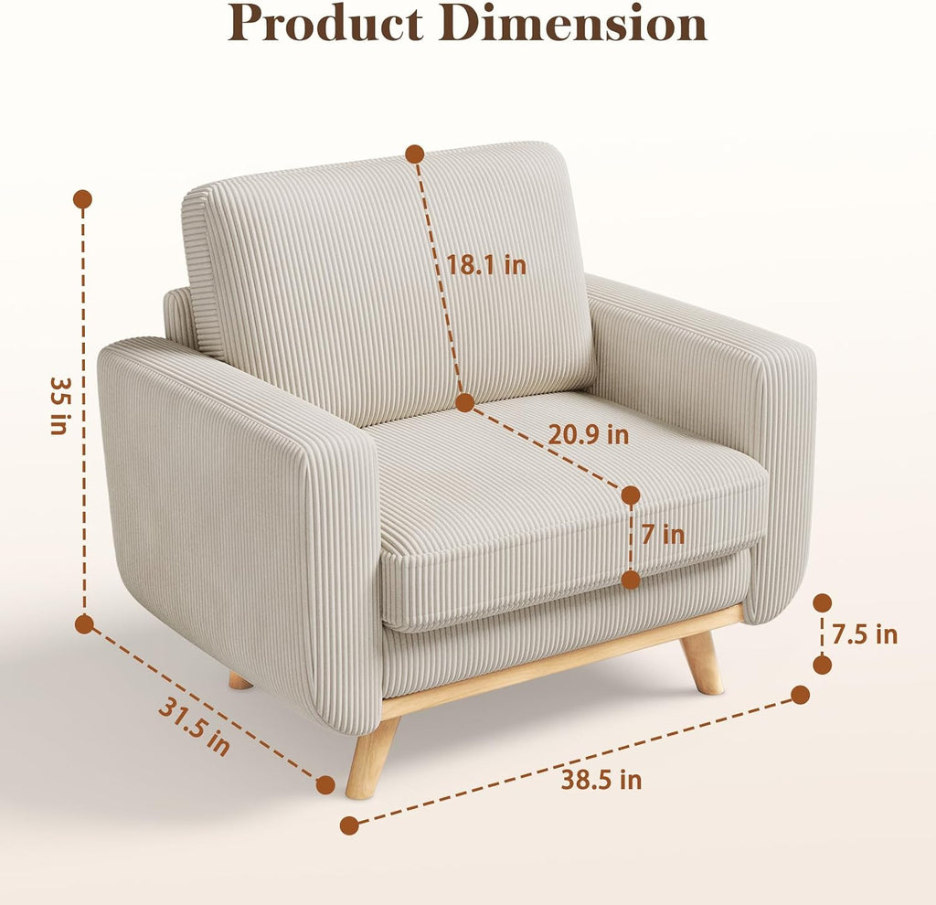 Vesgantti 38.5' Accent Chair Light Gray, Comfy Corduroy Single Sofa Seat with Spring Cushion, Upholstered Armchair with Deep Seat, Reading Chair for Adults, Modern Sofa for Living Room, Bedroom
