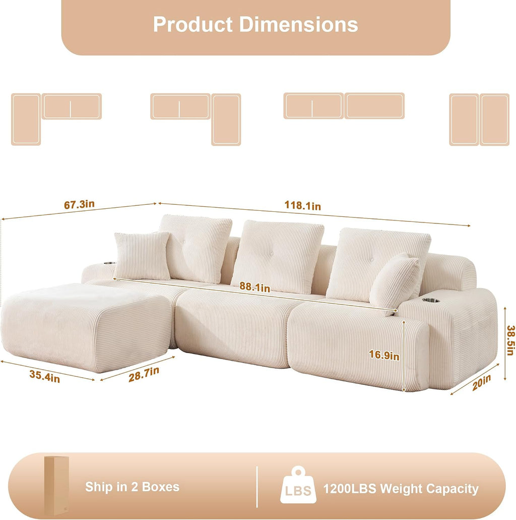 118' Modular Sectional Sofa with Cup Holders, Modern Boneless Sectional Couch with Side Storage Pockets and Movable Ottoman, Oversized L-Shape Couch for Living Room Bedroom, Apartments, White