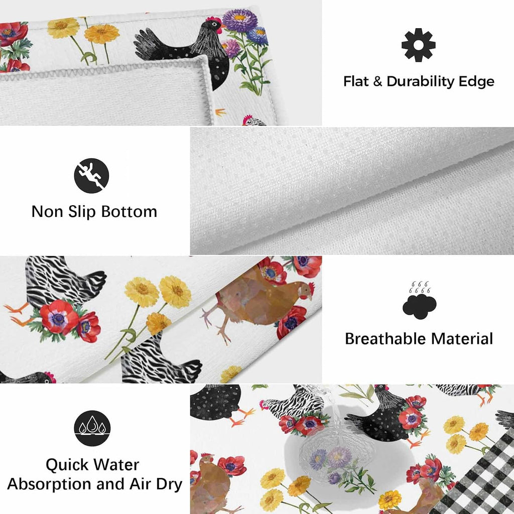 Farmhouse Rooster Outdoor Rug for Patio/Deck/Porch, Non-Slip Large Area Rug 4 x 6 Ft, Country Watercolor Flowers Black Plaid Indoor Outdoor Rugs Washable Area Rugs, Camping Rug Carpet Runner