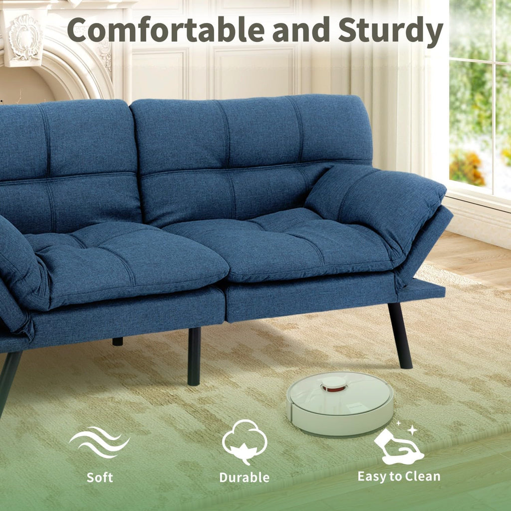 MUUEGM 71-Inch Futon Sofa Bed, Convertible Loveseat Sleeper | Modern Blue Linen Fabric | Adjustable Couch for Living Room & Small Spaces