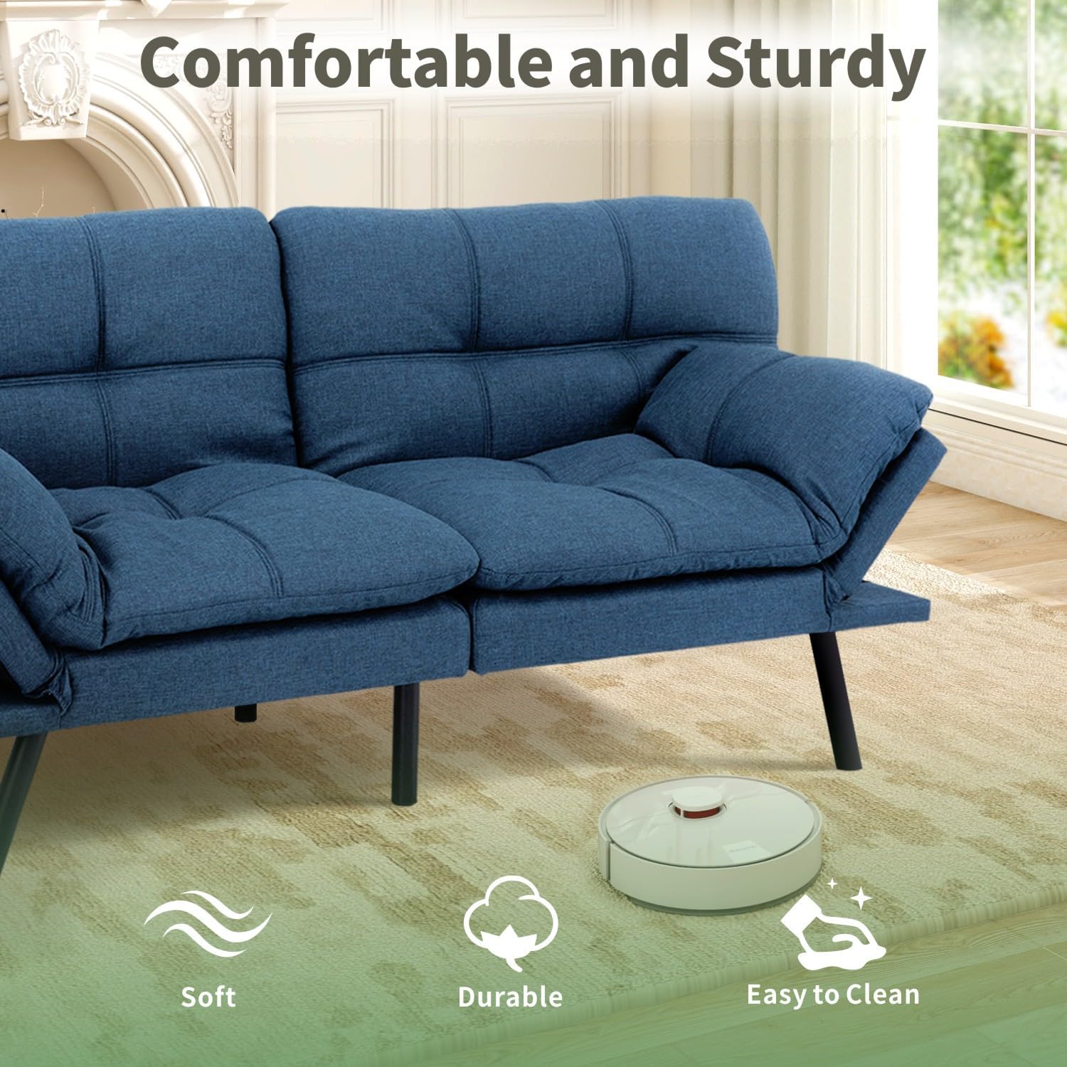 MUUEGM 71-Inch Futon Sofa Bed, Convertible Loveseat Sleeper | Modern Blue Linen Fabric | Adjustable Couch for Living Room & Small Spaces