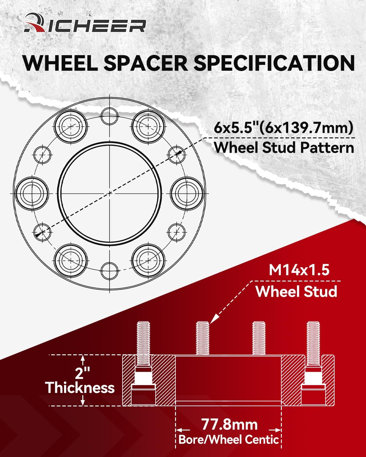 Richeer 2 inch 6x5.5 Wheel Spacer for 2019-2024 Ram 1500, 4 PCS 6x139.7mm Wheel Spacer with 14x1.5 Studs & 77.8mm Center Bore for 2019 2020 2021 2022 2023 2024 Ram 1500
