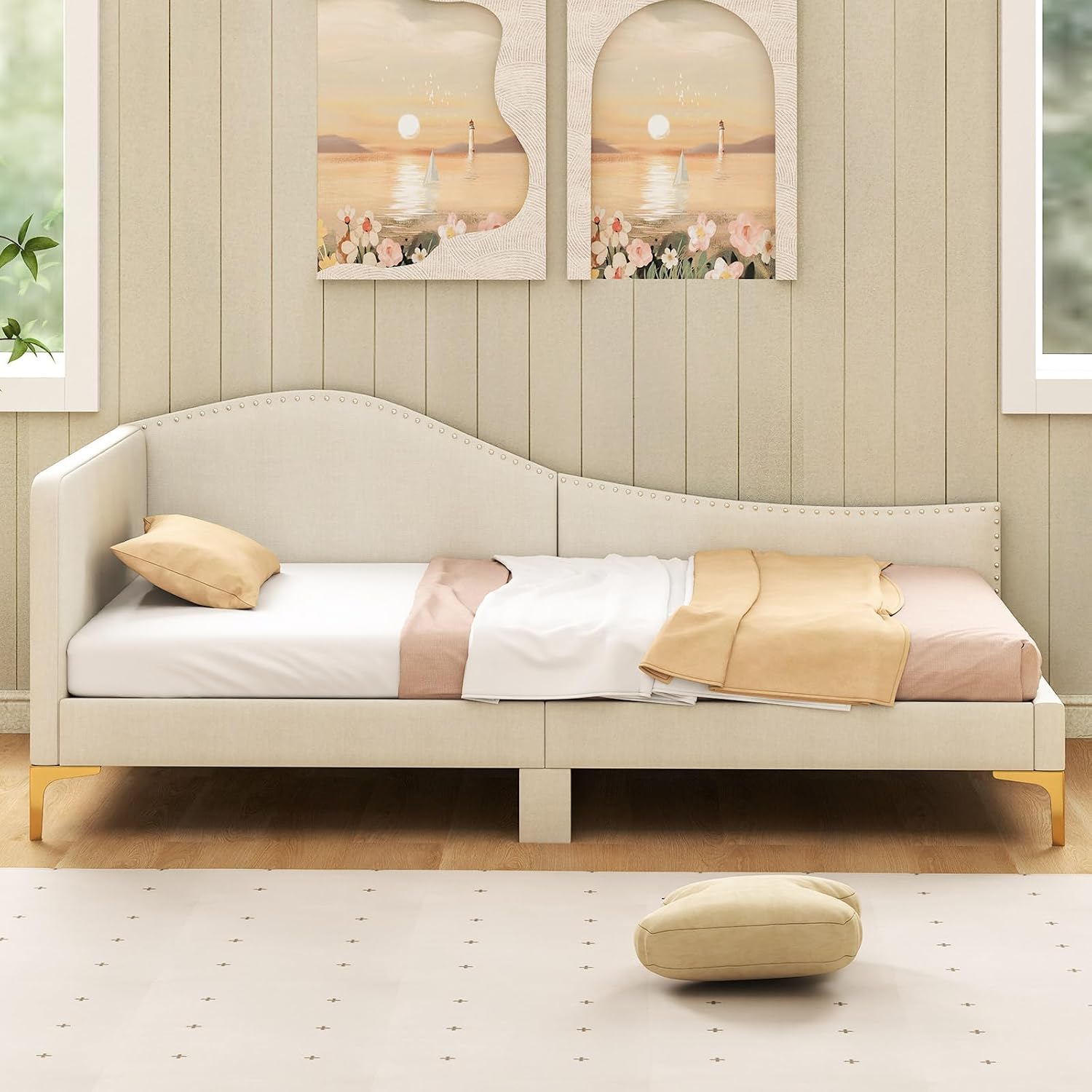 Giantex Twin Size Upholstered Daybed, Rivet-Tufted Platform Bed with Headboard, Metal Legs & Wood Slats, L-Shaped Corner Sofa Bed for Living Room & Guest Room, No Box Spring Needed, Beige