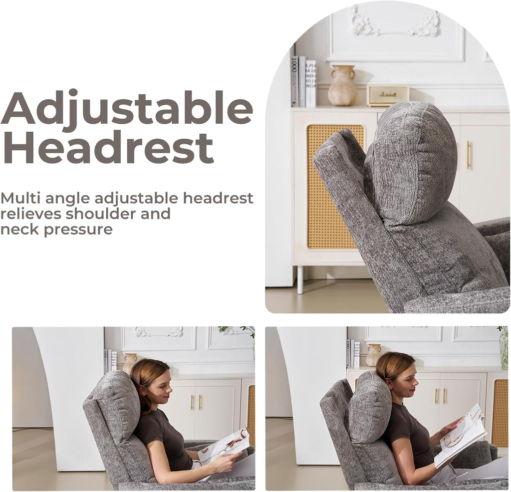 Oversized Swivel Rocker Recliner Chair with Massage and Heat, Manual Swivel Glider Rocker Recliner with 2 Bolster Pillows, Rocking Nursery Chair with Storage Ottoman , Adjustable Headrest, Dark Grey