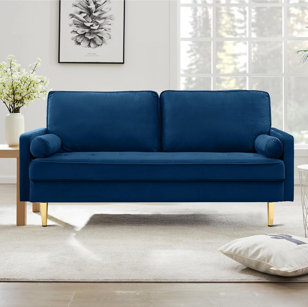 67' Modern Velvet Loveseat Sofa Couch, Mid-Century Tufted Upholstered Small Love Seat Couch with 2 Pillows & 4 Golden Legs, 2-Seats Couches for Compact Space, Living Room, Apartment (Navy)