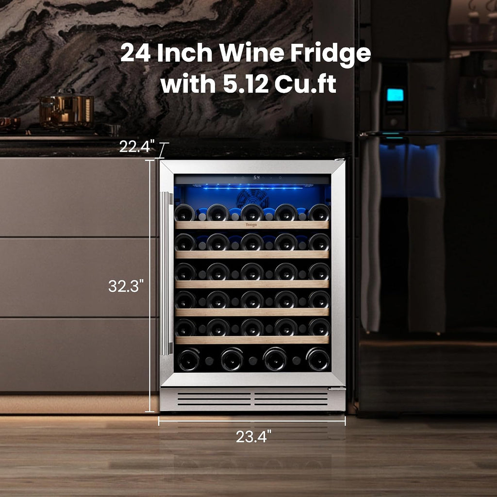 Yeego Wine Fridge Cooler - 24 Inch Wine Fridge Hold 52 Bottles, 40-65°F Wine Refrigerator Glass Door, Built in Fridge, Freestanding Adjustable Shelves Fridge for Beer Soda Drink Home Bar Office