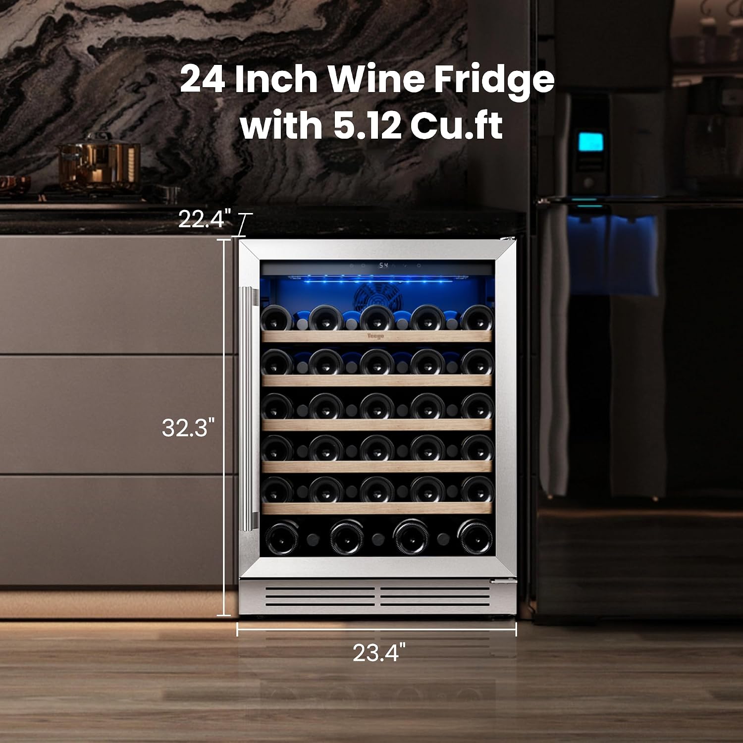 Yeego Wine Fridge Cooler - 24 Inch Wine Fridge Hold 52 Bottles, 40-65°F Wine Refrigerator Glass Door, Built in Fridge, Freestanding Adjustable Shelves Fridge for Beer Soda Drink Home Bar Office