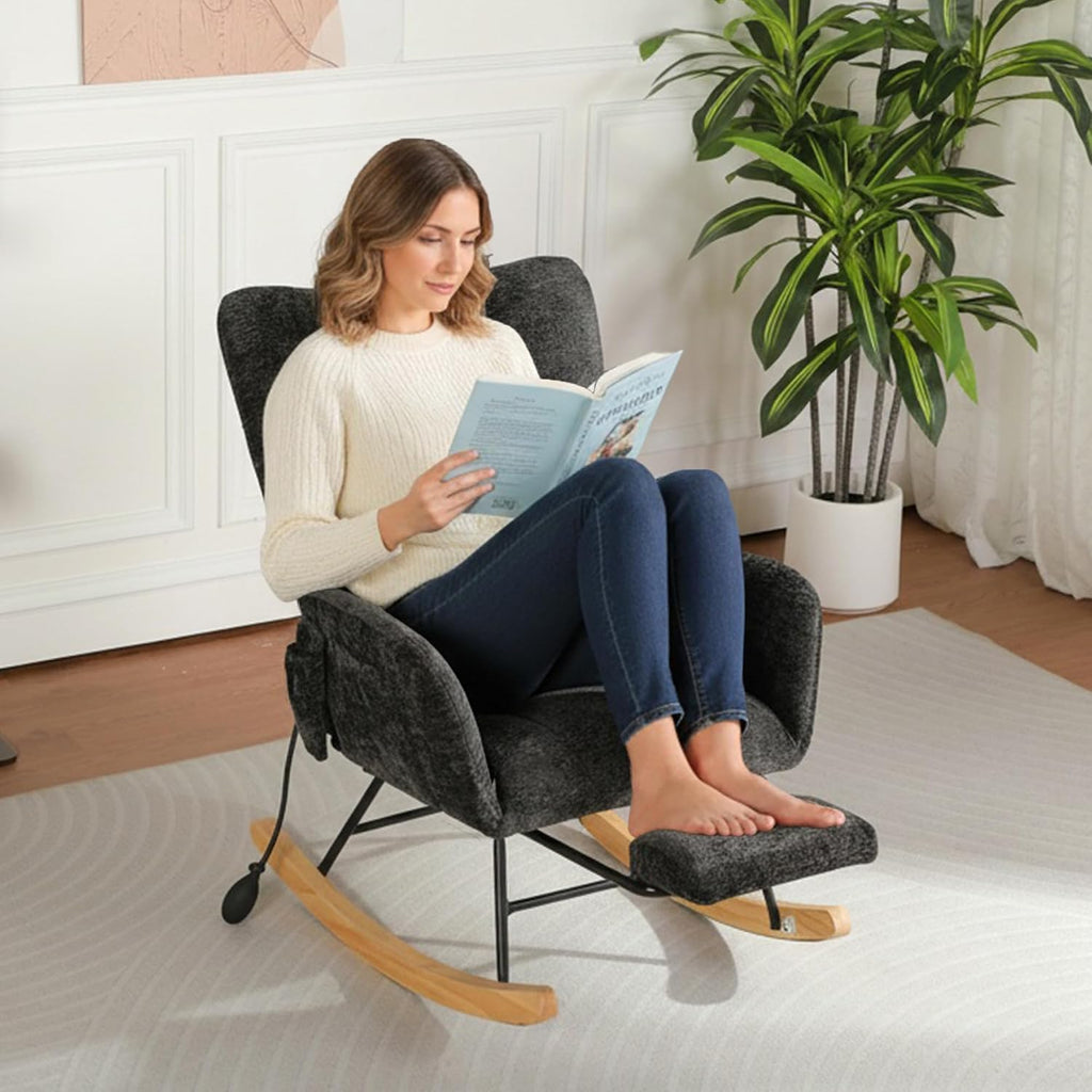 Rocking Chair Nursery with Airbag, Comfy Modern Nursery Rocking Reading Chair Indoor with Footrest, Cozy Upholstered Glider Rocker Chairs for Living Room Bedroom Offices, (Chenille, Black)
