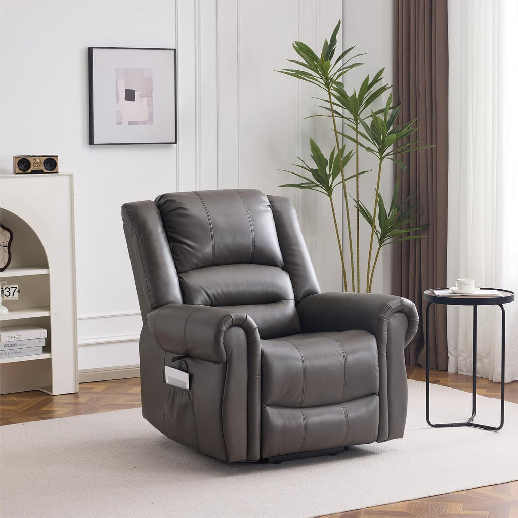 FLEXISPOT Power Lift Recliner Chair for Elderly with Massage & Heat, Faux Leather Electric Reclining Chair for Seniors with USB Ports, Cup Holders & Side Pockets(Medium Size,Charcoal Gray