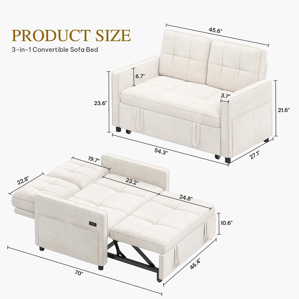 YITAHOME 55' Convertible Sofa Bed, 3-in-1 Sleeper Sofa with Pull-Out Bed, Cat-Scratch-Proof Futon Couch with 5-Levels Reclining Backrest, USB and Side Pocket, Modern Loveseat for Living Room, Beige