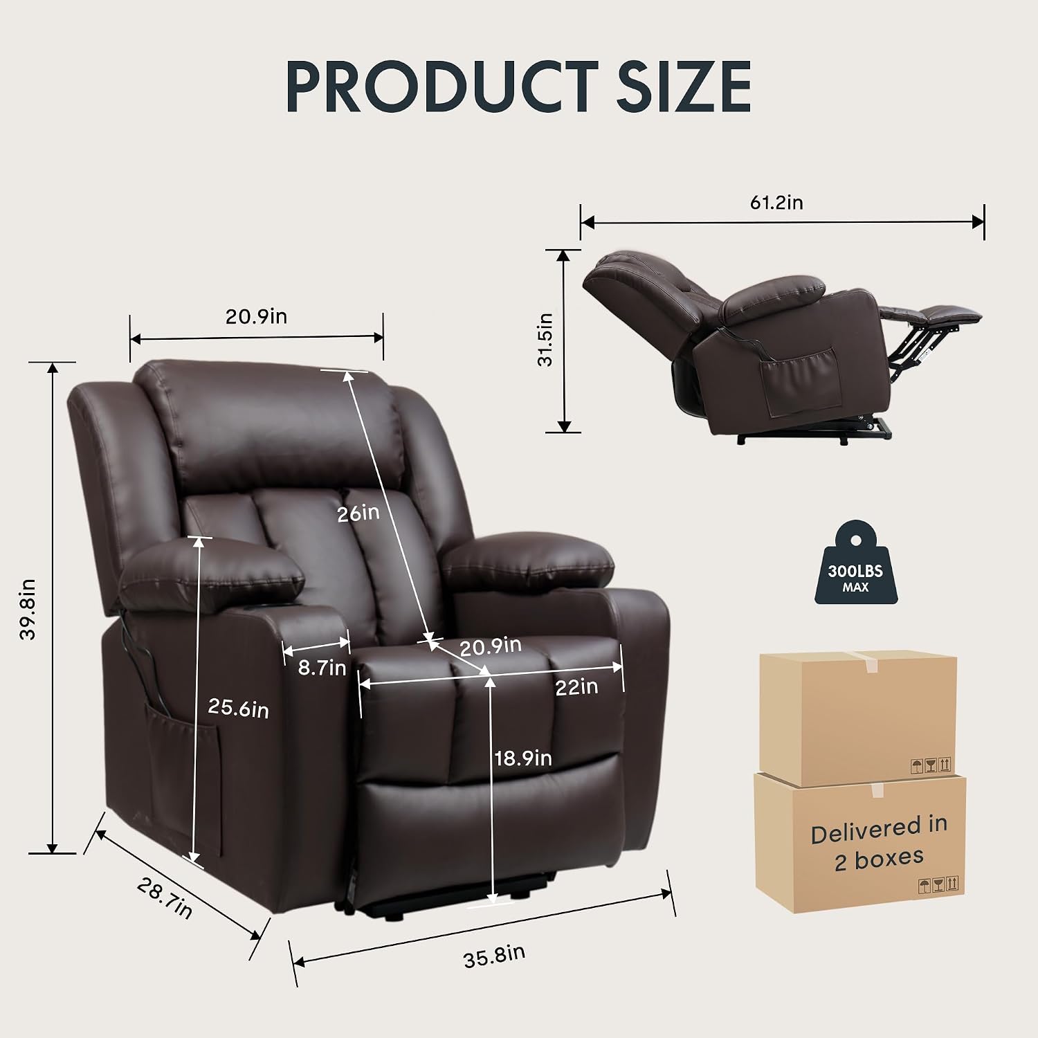 FLEXISPOT XL31 Power Lift Recliner Chair for Elderly, Electric Lift Chair with Massage & Heat, PU Leather Reclining Sofa w/Cup Holders for Living Room Bedroom, FSC Certified(Medium Size,Brown)