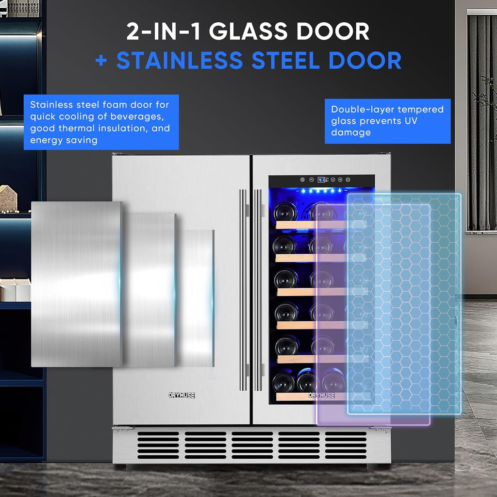 ORYMUSE 30' Stainless Steel Wine & Beverage Refrigerator - Dual Zone, Built-in/Freestanding with Upgraded Cooling - 30 Bottles & 110 Cans Capacity