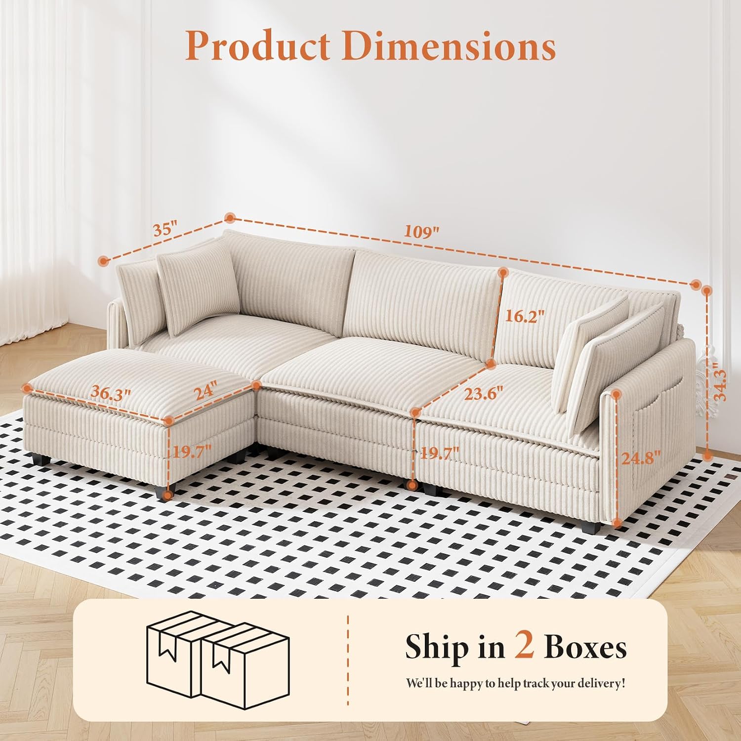 Vesgantti 109' L Shaped Cloud Sectional Couch, Comfy Corduroy Upholstered Modular Couches for Living Room, Modern 3 Seater Sectional Sofa with Ottoman Deep Seat, Beige