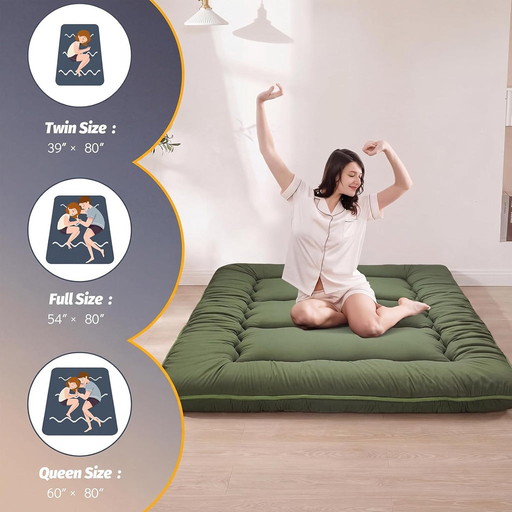 MAXYOYO 6' Extra Thick Japanese Floor Mattress Futon Mattress, Foldable Tatami Pad for Adults, Roll Up Floor Mat for Living Room Guest Room RV, Green, Full