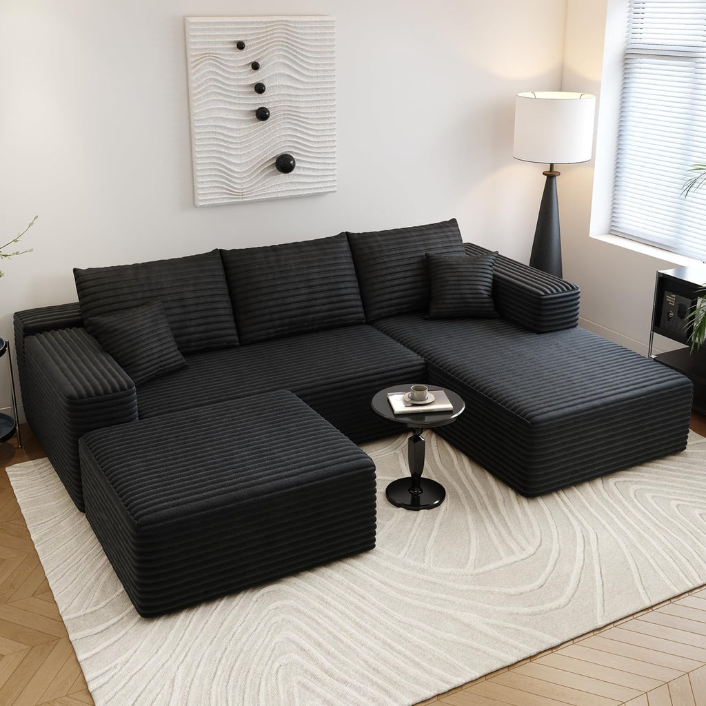 107.5' Cloud Sectional Couch with 1 Ottoman,Modern Modular Sofa with Deep Seat, Comfort U Shaped Sofa Couches for Living Room Bedroom Apartments,No Assembly Required, (Black,Right Facing Chaise)