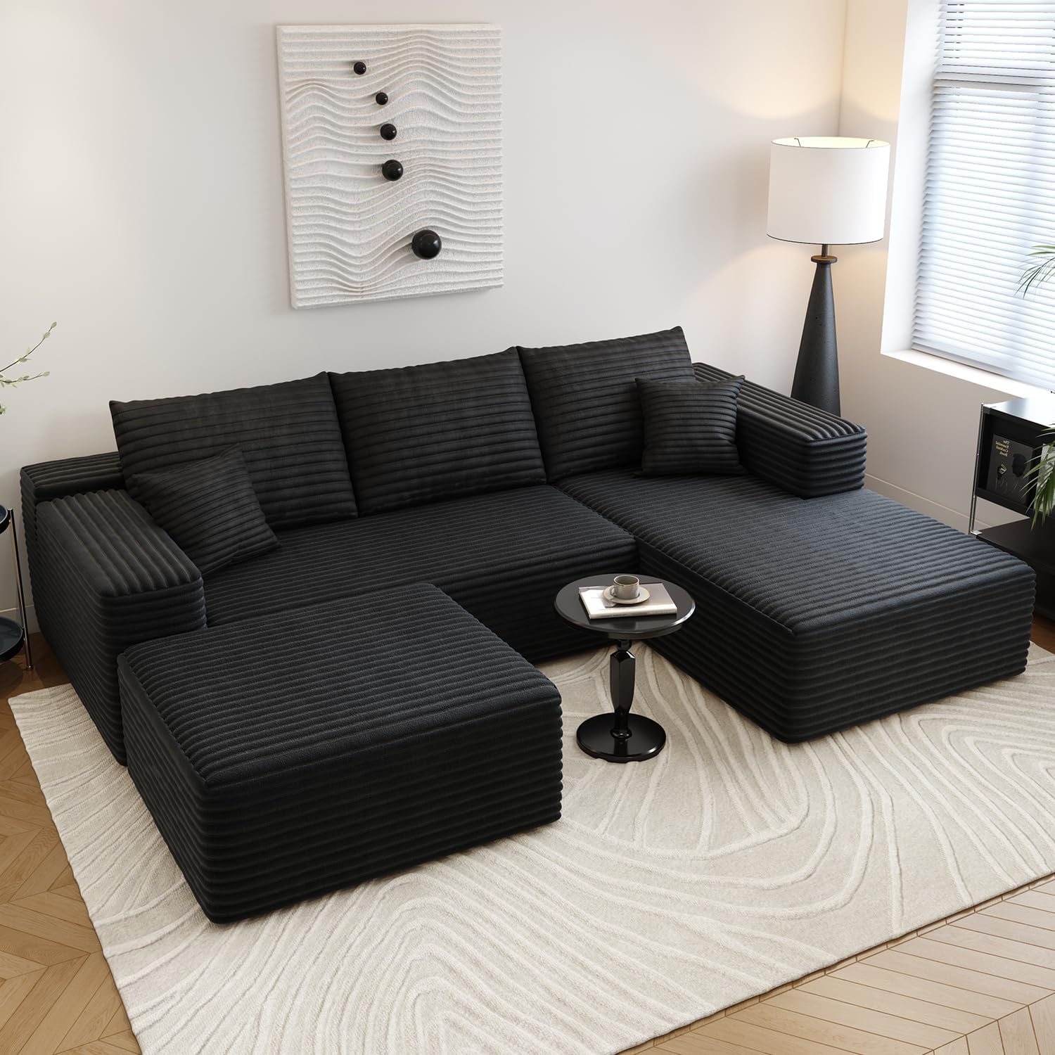 107.5' Cloud Sectional Couch with 1 Ottoman,Modern Modular Sofa with Deep Seat, Comfort U Shaped Sofa Couches for Living Room Bedroom Apartments,No Assembly Required, (Black,Right Facing Chaise)