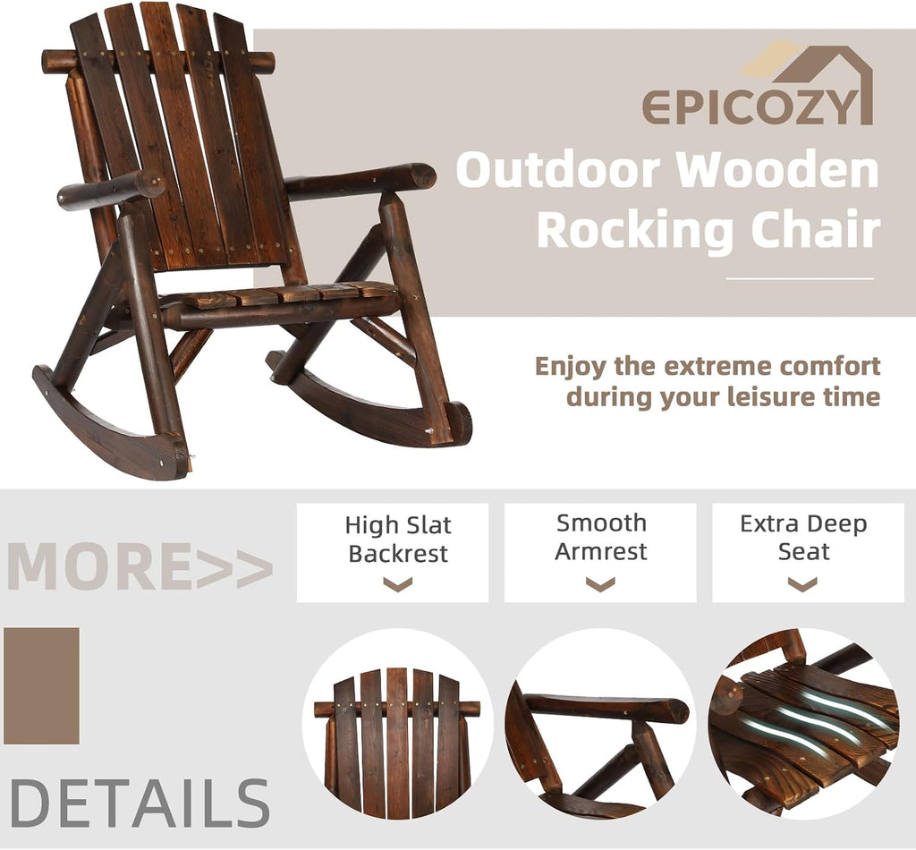 3-Piece Outdoor Wood Rocking Bistro Set, Rustic Adirondack Rocker Chair Set with High Back & Slatted Seat and Side Table, Patio Wooden Conversation Set for Indoor Deck Garden Porch, Carbonized