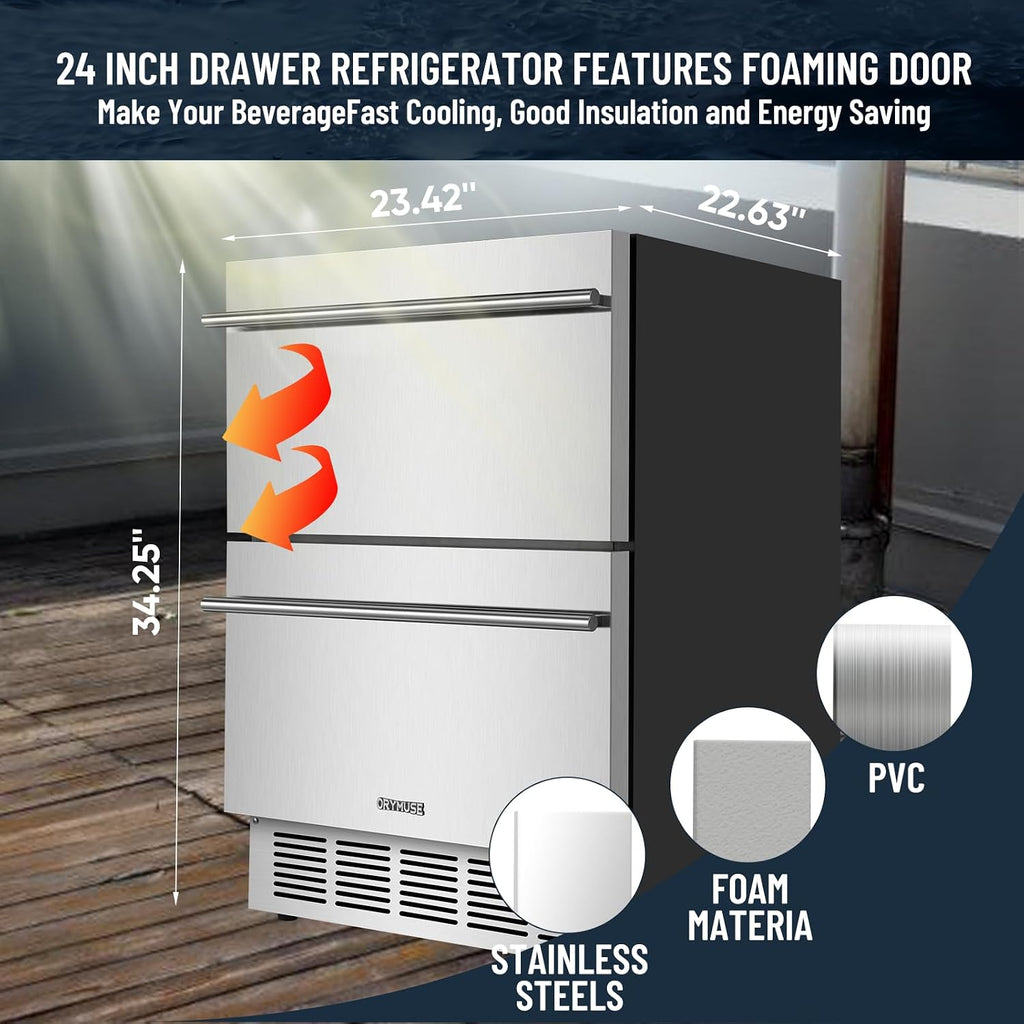 ORYMUSE Outdoor Drawer Refrigerator, 24 Inch Undercounter Beverage Cooler Fridge with Stainless Steel Seamless Door Can Hold 154 Cans w/Powerful Cooling Compressor for Kitchen and Commercial
