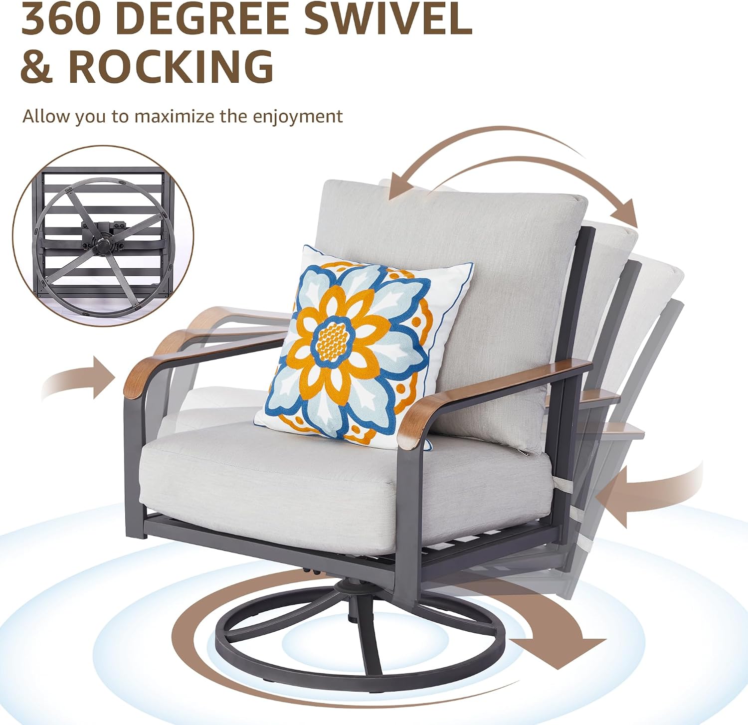 NATURAL EXPRESSIONS 5 Piece Patio Furniture Set, Outdoor Conversation with 4 Pcs Swivel Rocking Chairs and 28' Double-Layer Coffee Table 6' Thick Cushions for Balcony, Backyard, Deck (Light Gray)