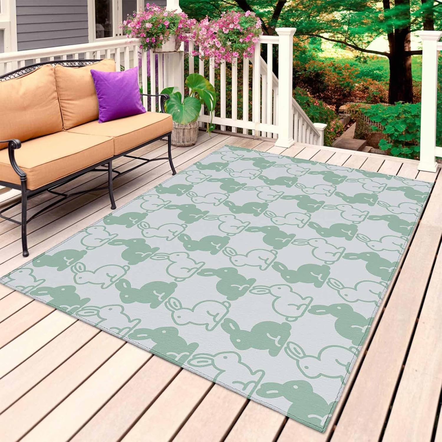 Happy Easter Bunny Outdoor Rug for Patio/Deck/Porch, Non-Slip Large Area Rug 5 x 7 Ft, Gray Green Rabbits Animal Cartoon Indoor Outdoor Rugs Washable Area Rugs, Reversible Camping Rug Carpet Runner