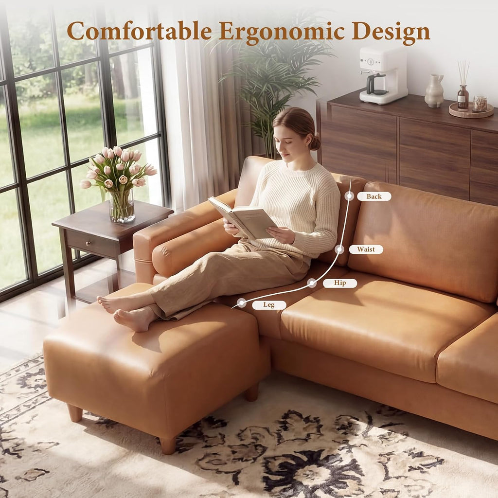 Vesgantti 100' Faux Leather Couch with Movable Ottoman, 3 Seater L Shaped PU Leather Sofa with Side Pocket, Comfy Mid Century Modern Modular Sectional Couch for Living Room, Apartment, Camel