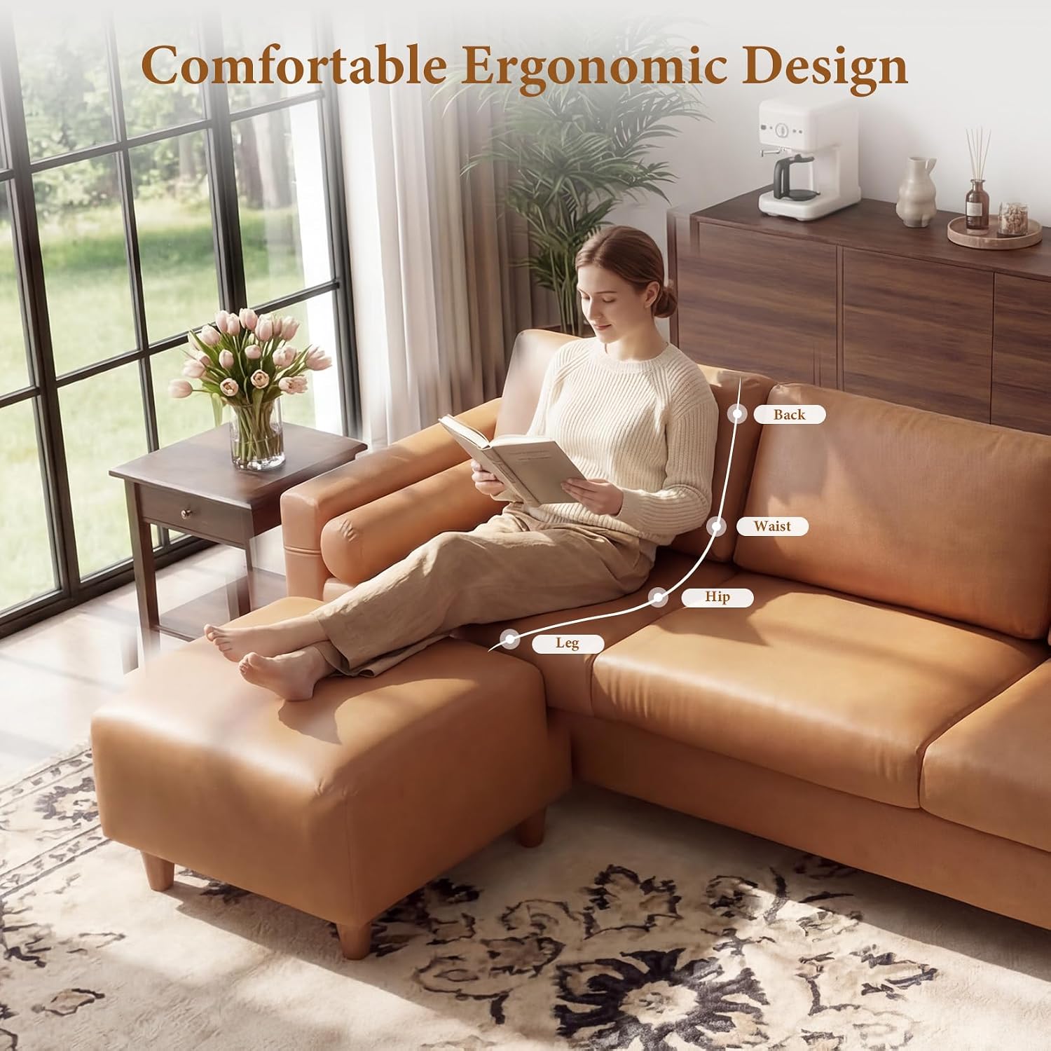 Vesgantti 100' Faux Leather Couch with Movable Ottoman, 3 Seater L Shaped PU Leather Sofa with Side Pocket, Comfy Mid Century Modern Modular Sectional Couch for Living Room, Apartment, Camel