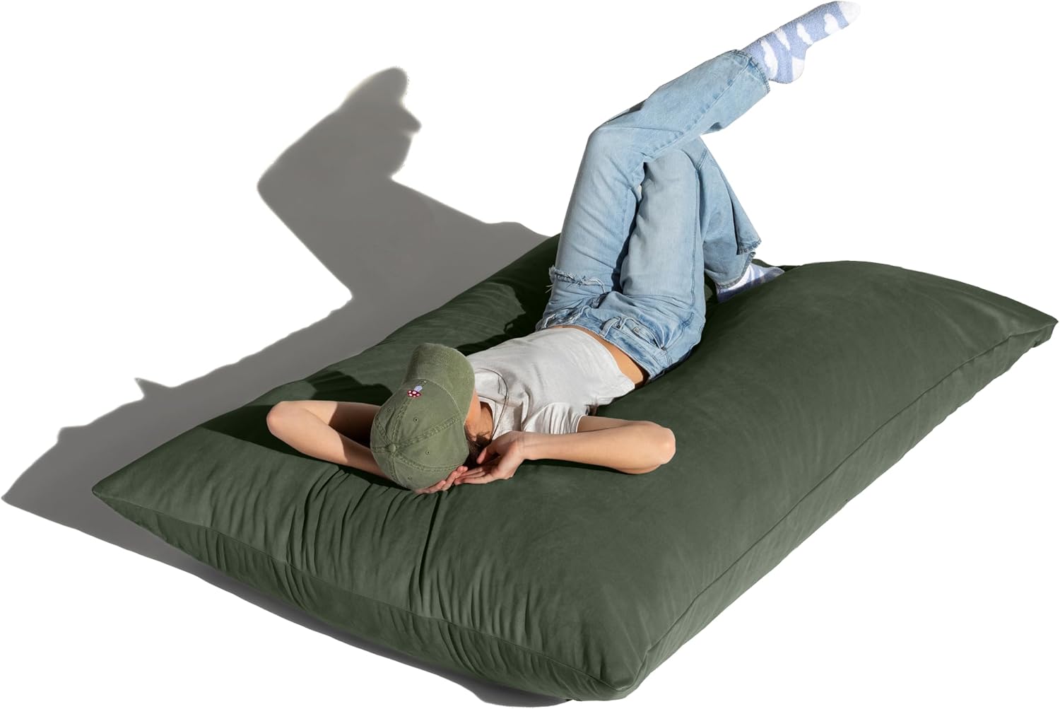 Pillow Saxx Bean Bag Rocking Chair - Elegant Oversized Rocker with Modern Wood Frame, Lush Velvet Green