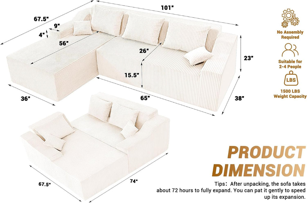 HABUTWAY 101'' Modular Sectional Sofa Cloud Couch with Deep Seat, Modern L-Shaped Convertible Couches Upholstered Couch with Chaise for Living Room Bedroom(Beige, Left-Facing Chaise)