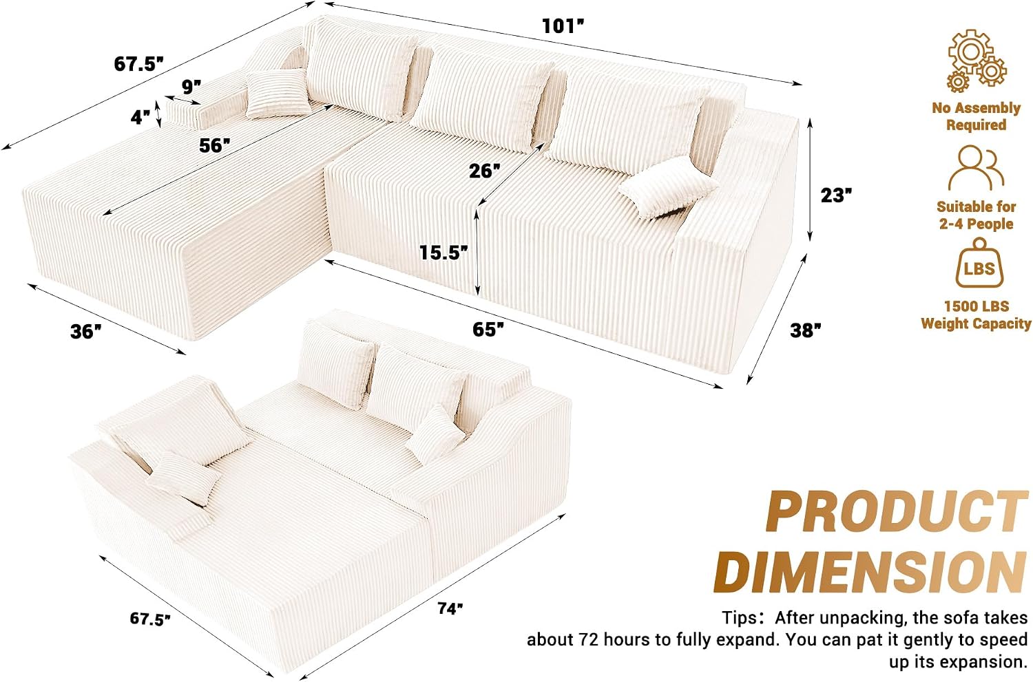 HABUTWAY 101'' Modular Sectional Sofa Cloud Couch with Deep Seat, Modern L-Shaped Convertible Couches Upholstered Couch with Chaise for Living Room Bedroom(Beige, Left-Facing Chaise)