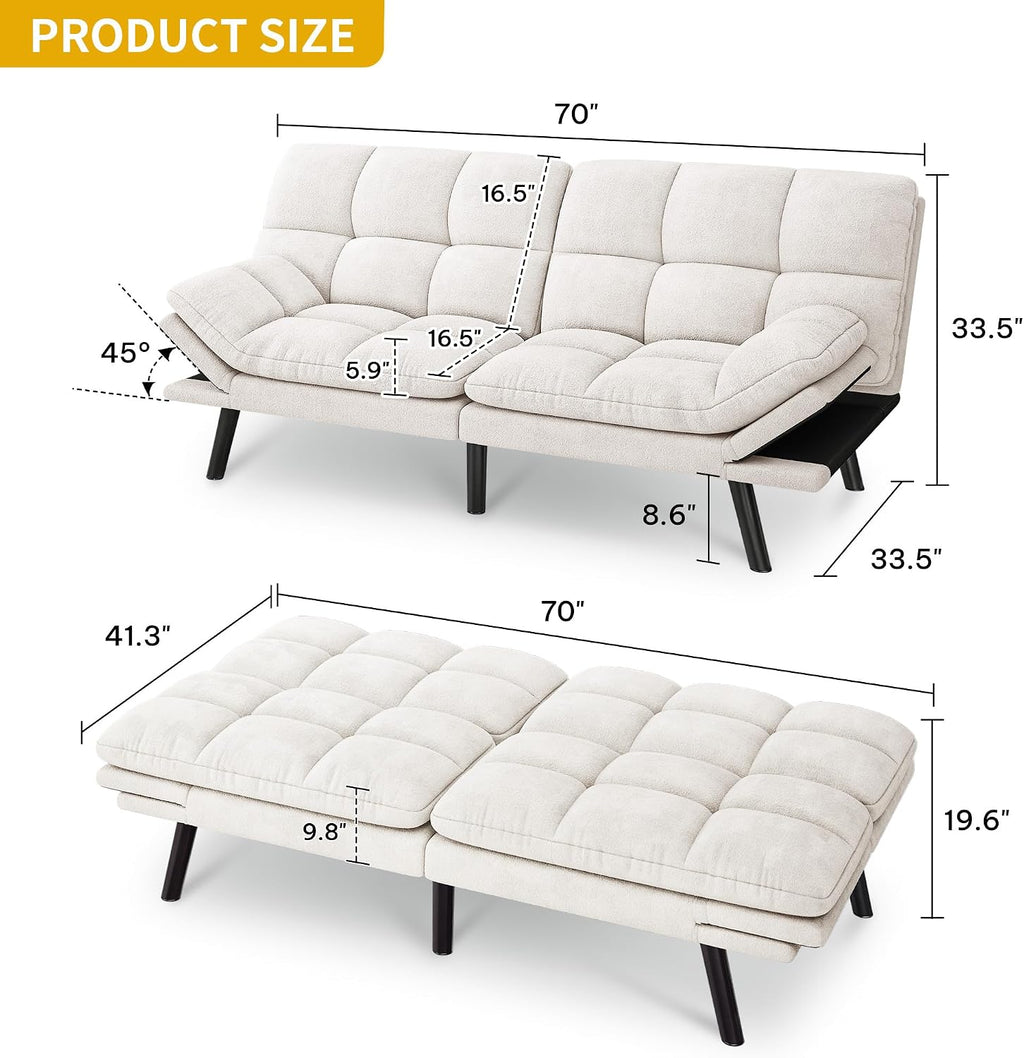DWVO 70' Convertible Futon Sofa Bed, Folding Futon Set for Living Room Home Office Aprtment, Modern Futon Couch with Adjustable Backrest & Armrests, Recliner Lounge, Loveseat Sofa