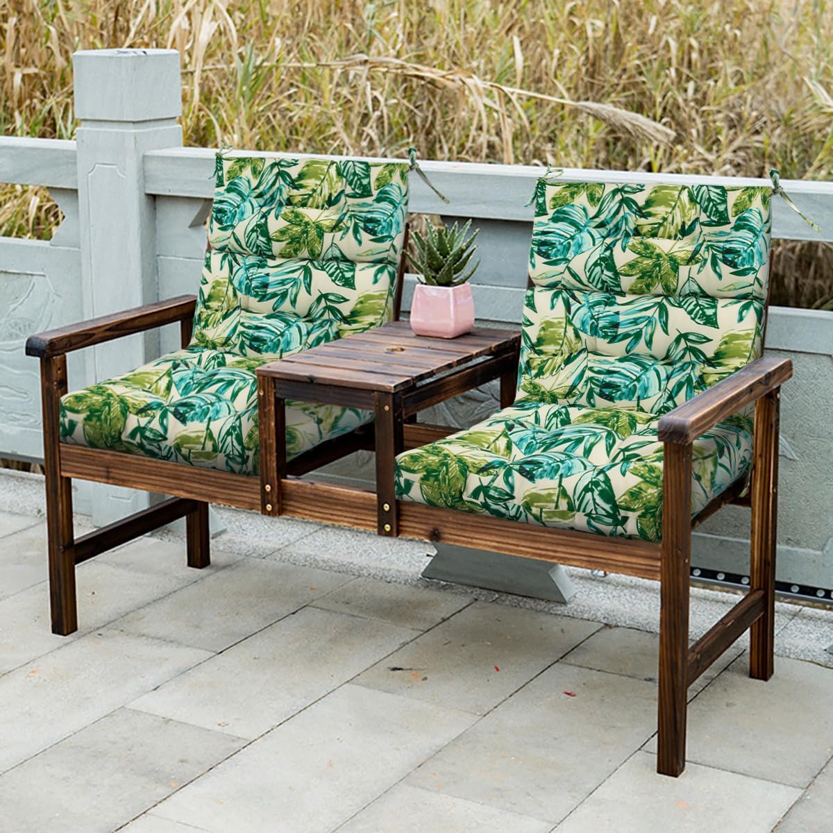FUNHOME Outdoor High Back Chair Cushions Set of 2,Reversible Lawn Chair Cushion 44 x22 inch,Water Resistant Tufted Adirondack Chair Cushion,for Garden Rocking Chair,Patio Furniture(Palm Leaf)