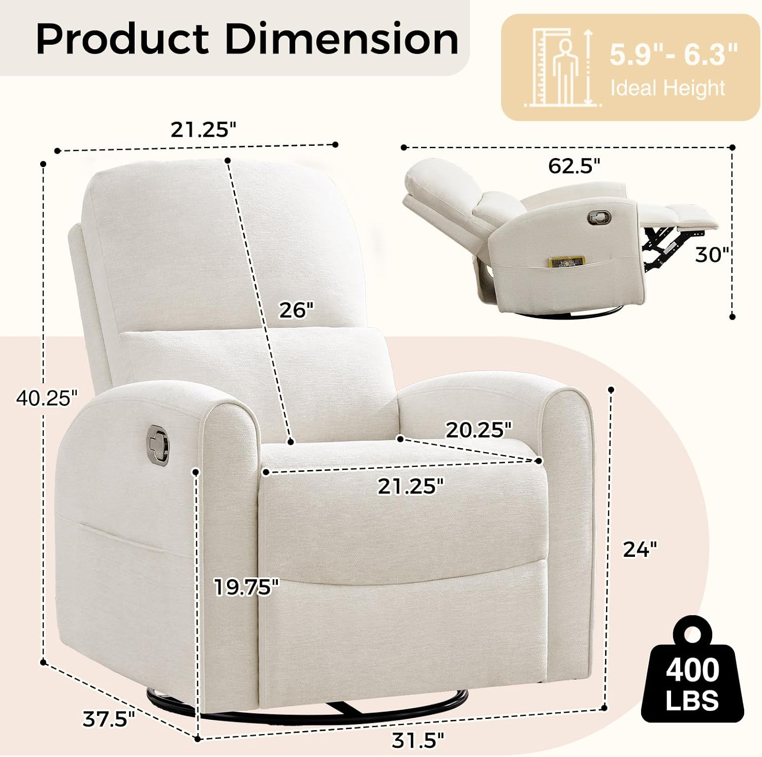 Swivel Rocker Recliner, Manual Swivel Glider Nursery Recliner Chair with Adjustable Headrest and Lumbar Support, Rocking Recling Chairs for Small Space, Living Room, Bedroom, White
