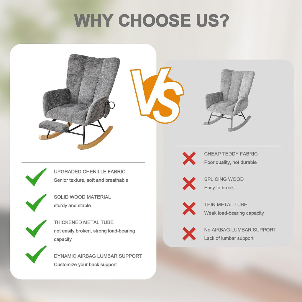 Rocking Chair Nursery with Airbag, Comfy Modern Nursery Rocking Reading Chair indoor with Footrest, Cozy Upholstered Glider Rocker Chairs for Living Room Bedroom Offices(Chenille, Dark Grey)