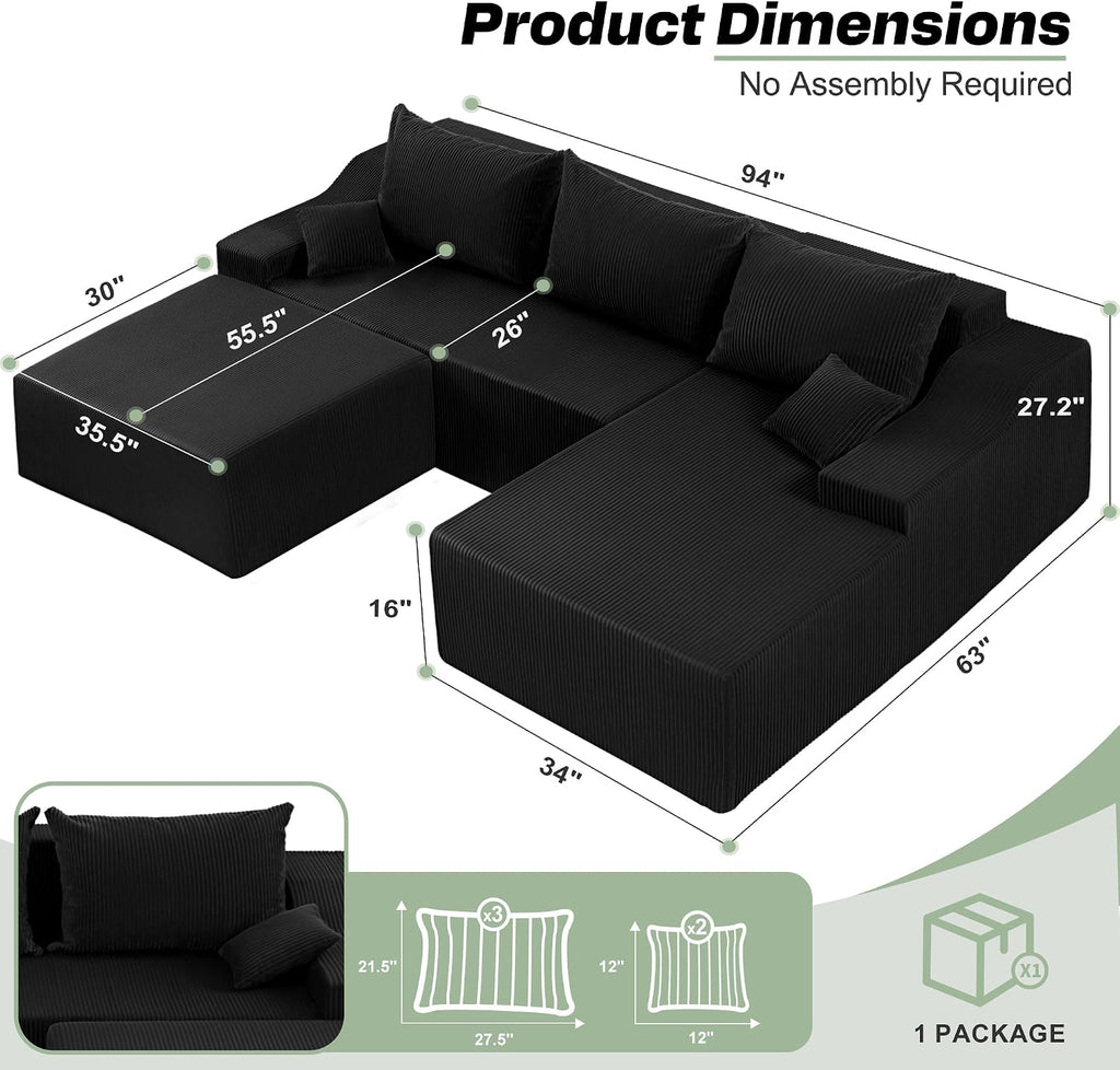 HABUTWAY U Shaped Modular Sectional Couch for Living Room, Modular Cloud Sofa with Ottoman, No Assembly Boneless Couches with Deep Seat, Corduroy Fabric (Black, Right Facing)