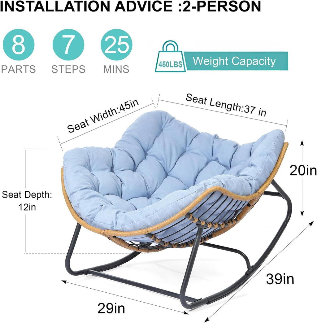 SWITTE Outdoor Rocking Chair, Indoor Papasan Rocking Lounge with Thick Cushion, Oversized Cozy Patio Rocker for Bedroom, Living Room, Porch, Garden, Lawn-Light Blue