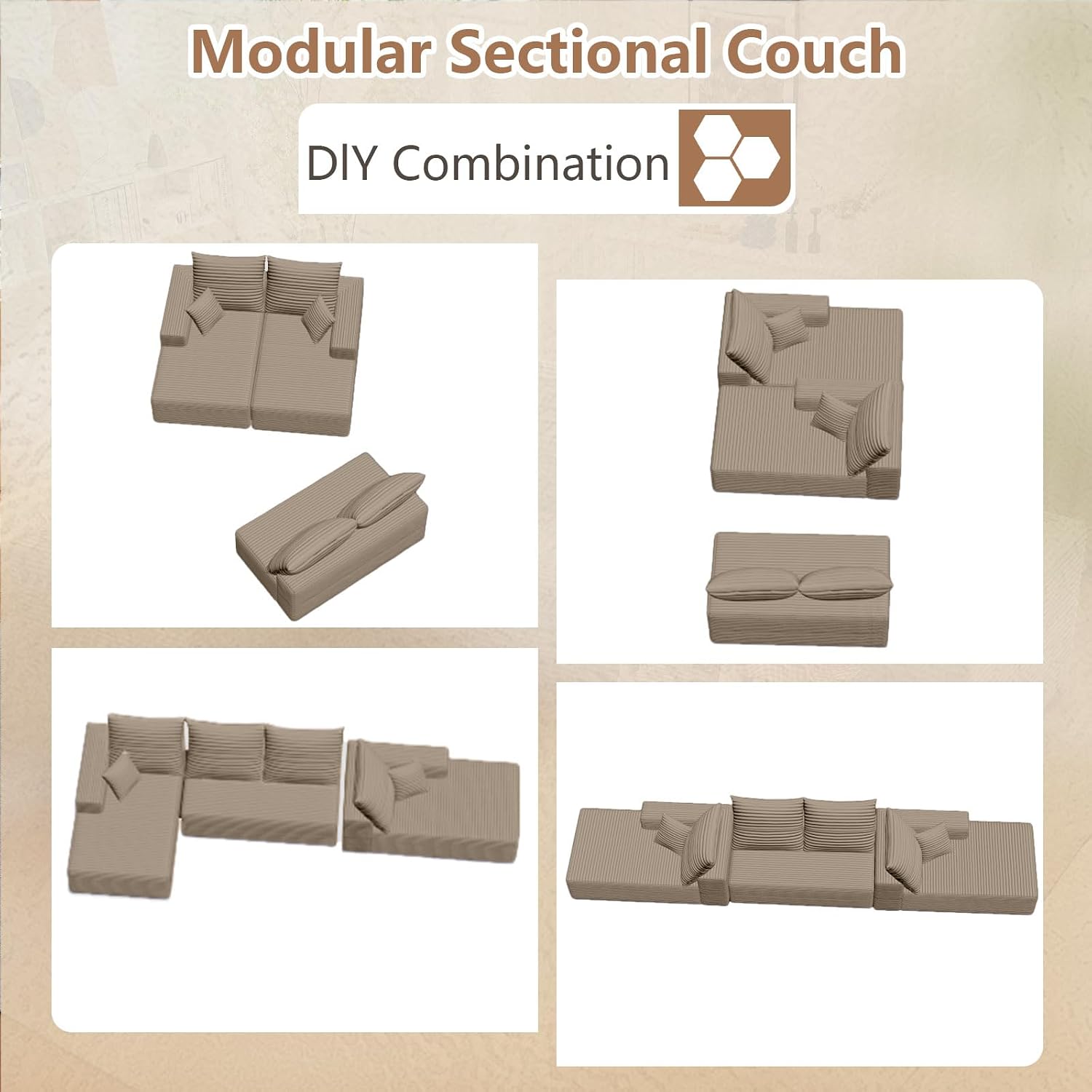 134.2' Modular Sectional Sofa, Modern Corduroy Cloud Couch with Deep Seat, Boneless Couch Upholstered 4-Seater U-Shaped Sofa for Living Room, No Assembly Required (Camel)