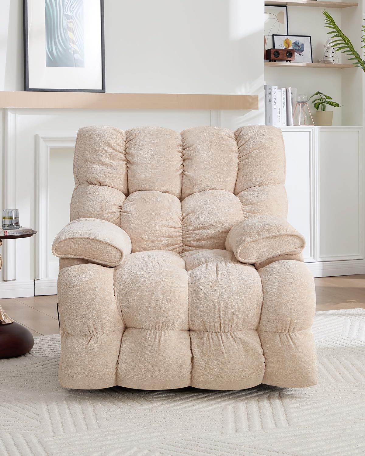 Oversized Manual Recliner Chair with 360° Swivel, Big and Tall Rocker Glider for Nursery Living Room, Chenille Overstuffed Reclining Sofa with Handle, 375lbs (Beige, Manual)