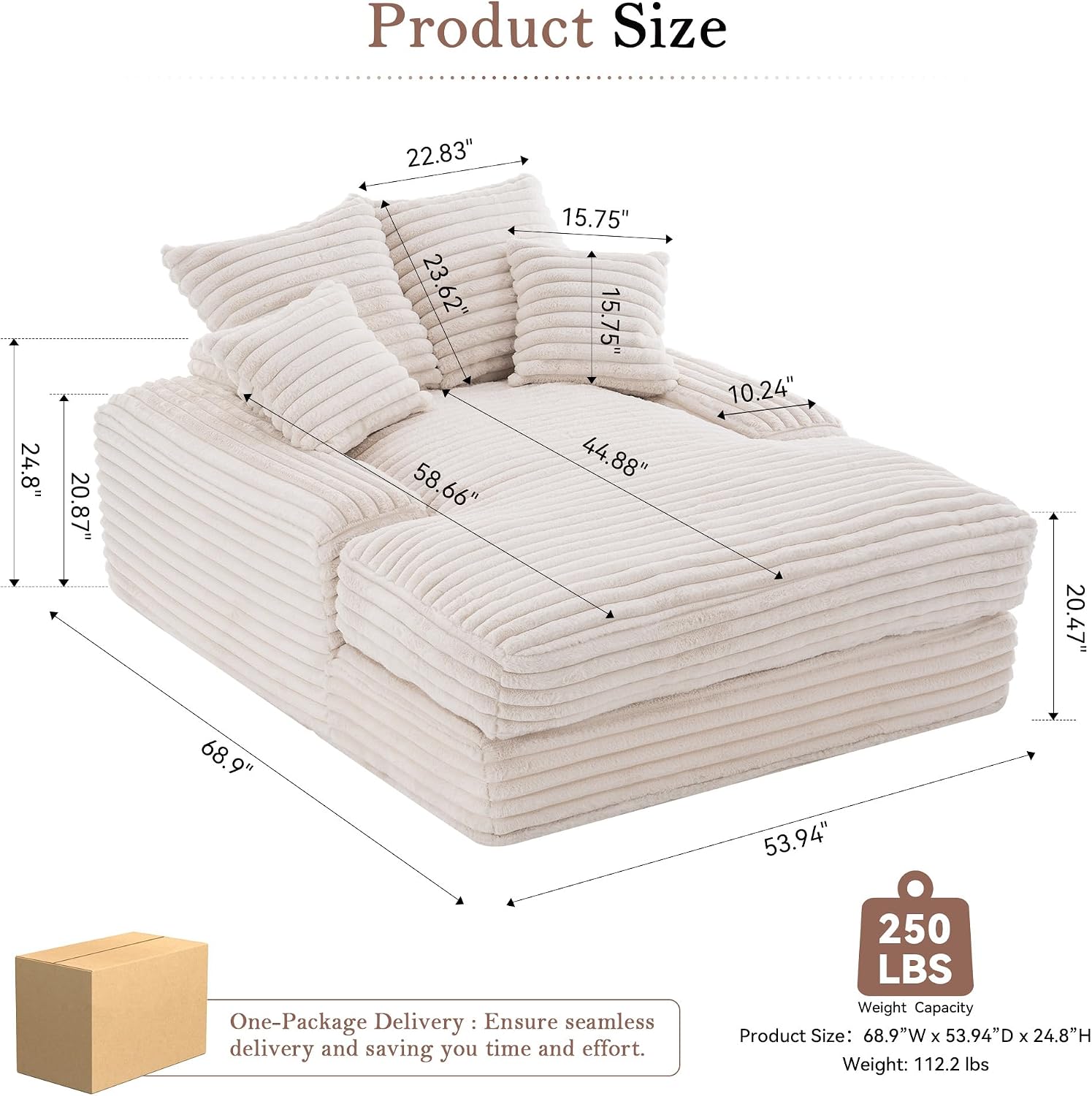 Ball & Cast Chaise Lounge Chair Indoor,Sleeper Sofa Bed W/ 4 Removable & Washable Pillows,54' Corduroy Couch Reading Lounge Chair W/Wide Armrest,for Living Room,No Assembly Required,Beige