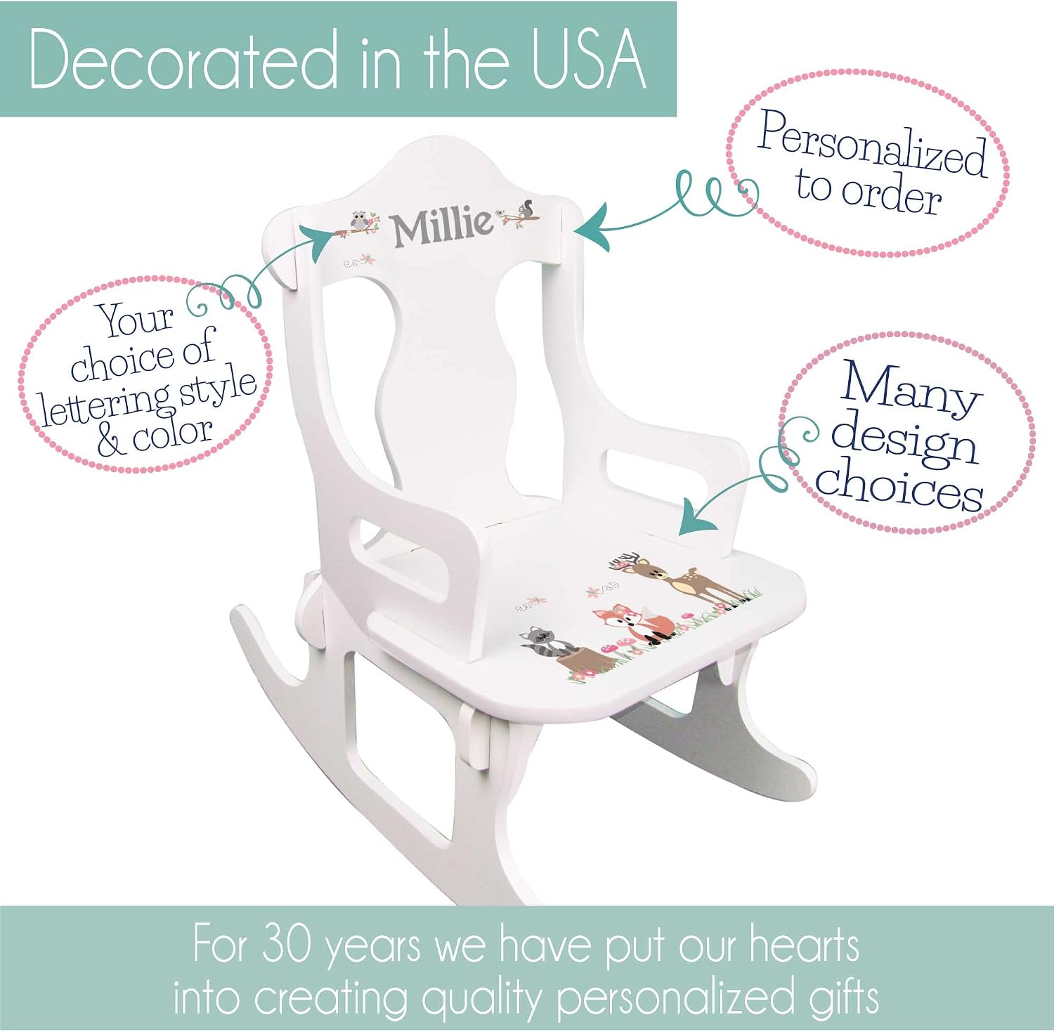 My Bambino Personalized White Puzzler Rocking Chair with Aqua Butterflies Design | Baby Shower & Birthday Gift