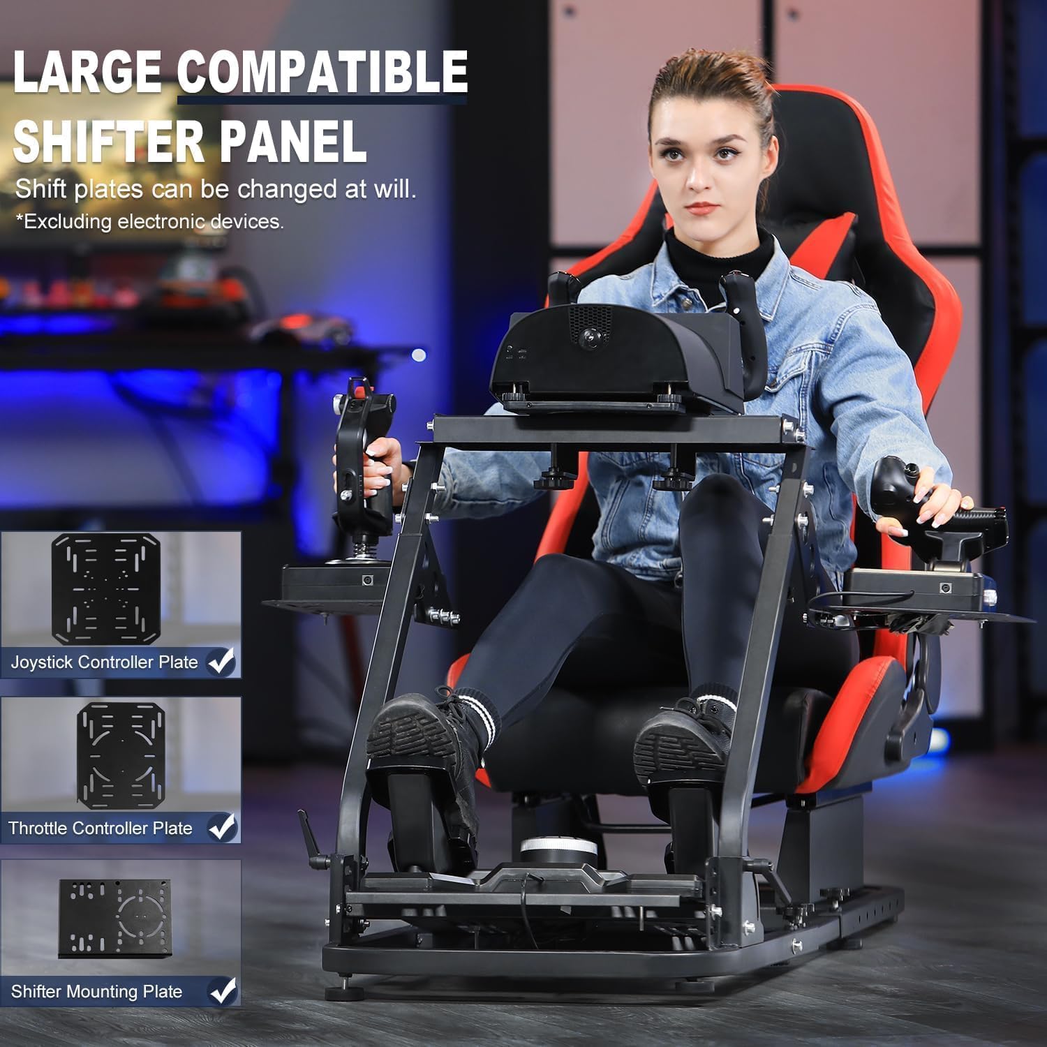 Marada Flight Sim Cockpit with Red Seat and Racing Wheel Stand for Driving and Flight Simulator Fit for Thrustmaster HOTAS Warthog, for Logitech Adjustable |Throttle,Joystick,Keyboard not Included