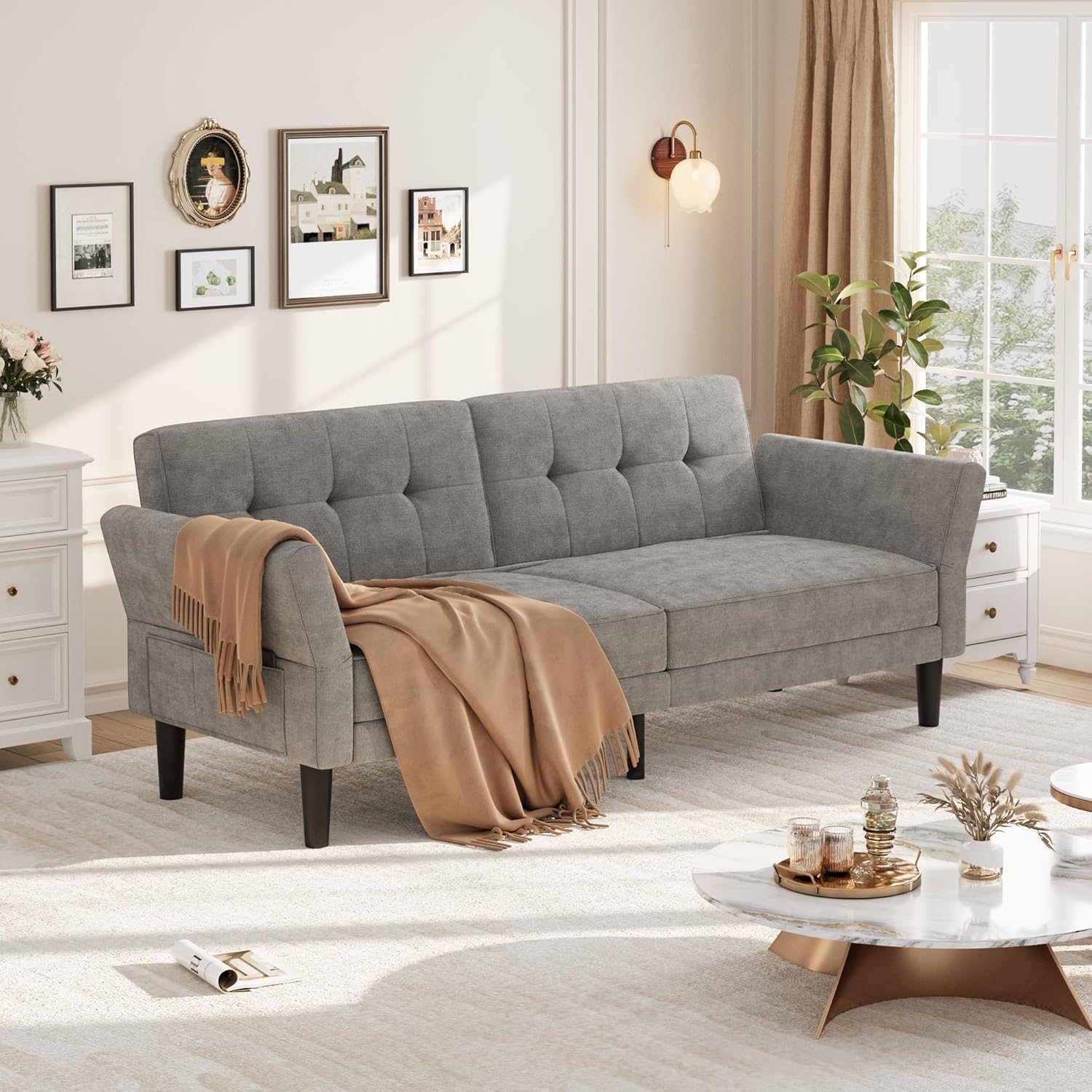 GarveeHome 89' Futon Sofa Bed, Convertible Sleeper Sofa with Adjustable Backrest & Armrest, Modern Futon Couch Bed, Loveseat Sleeper for Living Room Bedroom Apartments, Grey