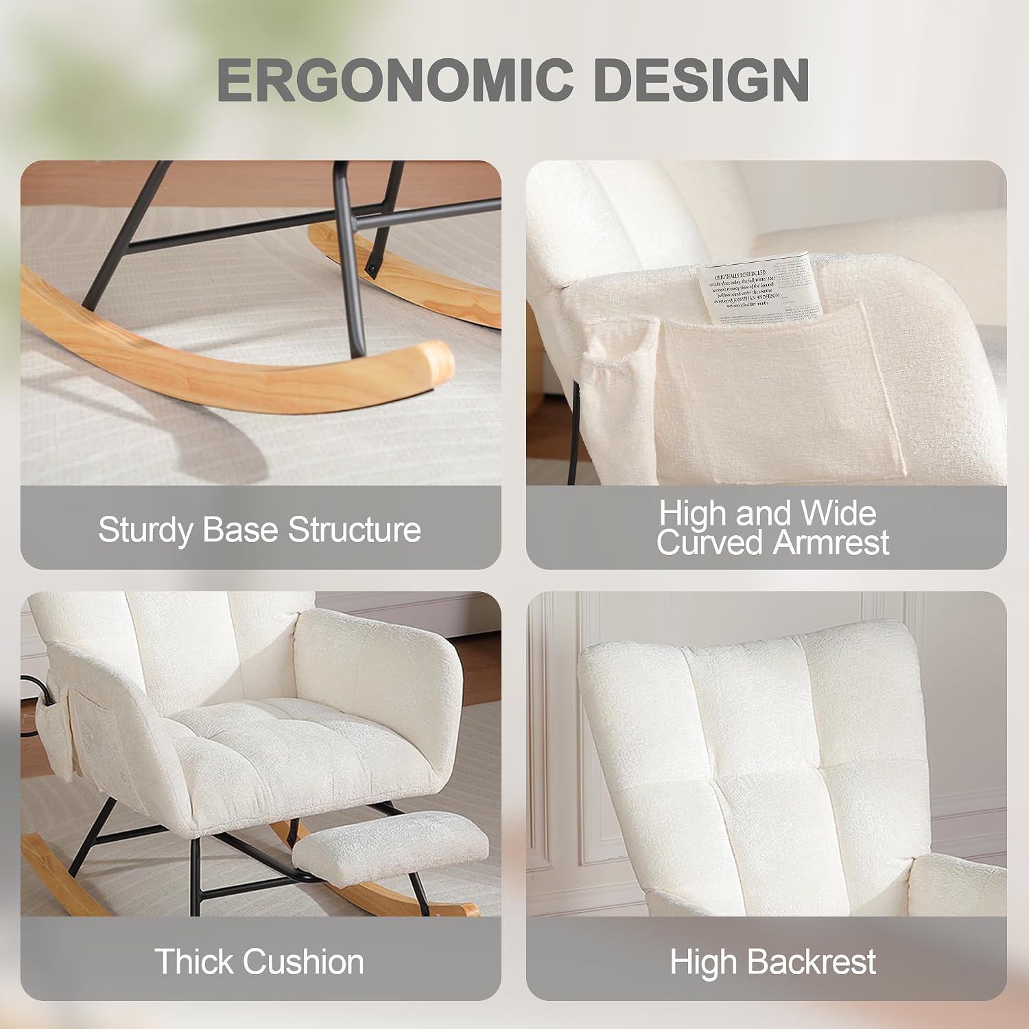 Rocking Chair Nursery with Airbag, Comfy Modern Nursery Rocking Reading Chair Indoor with Footrest, Cozy Upholstered Glider Rocker Chairs for Living Room Bedroom Offices(Chenille, White)