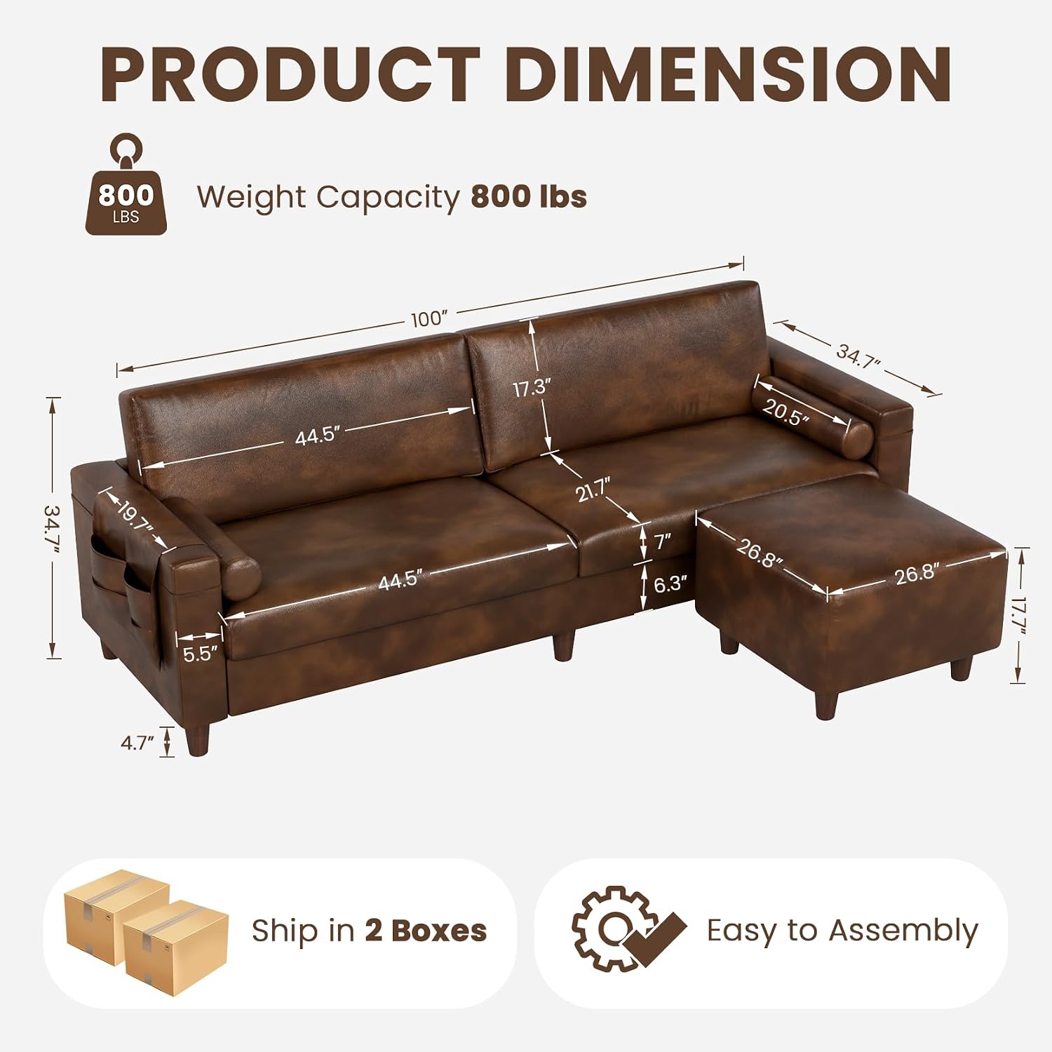 Vesgantti 100' PU Faux Leather Couch with Movable Ottoman, Large 2 Seater L Shaped Leather Sectional Sofa with Side Pocket, Comfy Mid Century Modern Modular Sofa for Living Room, Apartment, Cocoa