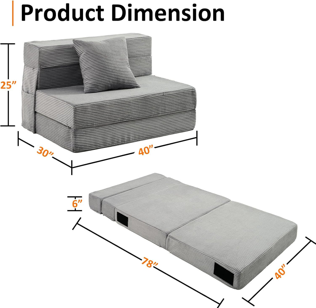 JKMAX Twin Size Folding Sofa Bed - 4 in 1 Convertible Sleeper Chair with Pillow - High Density Memory Foam Futon Couch - Foldable Bed for or Living Room Bedroom (Dark Grey)
