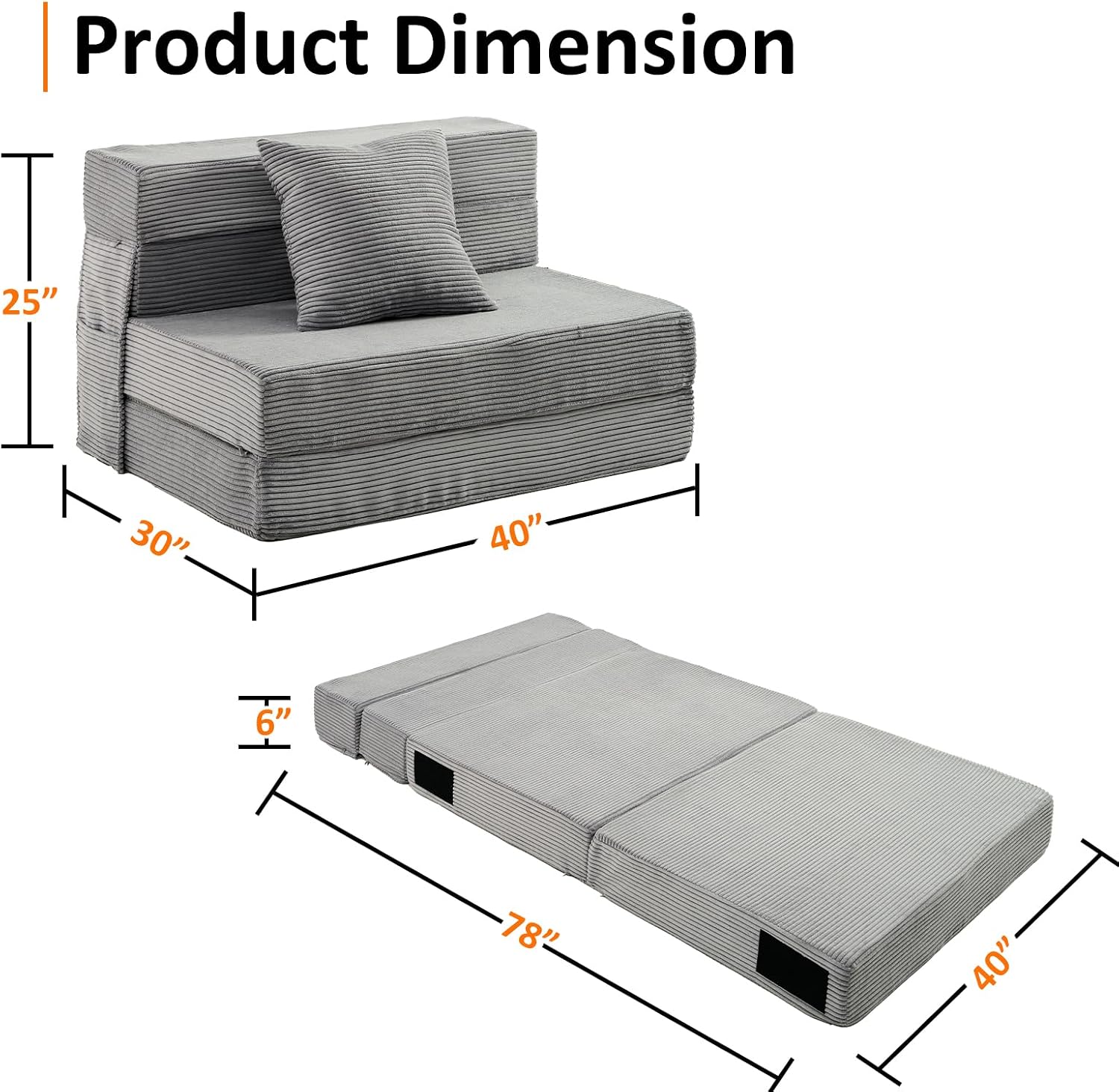 JKMAX Twin Size Folding Sofa Bed - 4 in 1 Convertible Sleeper Chair with Pillow - High Density Memory Foam Futon Couch - Foldable Bed for or Living Room Bedroom (Dark Grey)