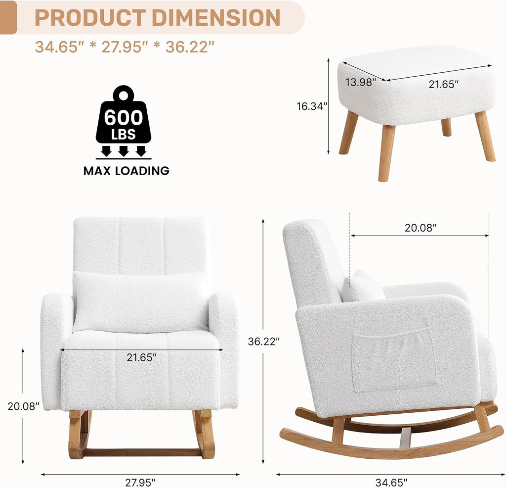 HCHAIRH Rocking Chair with Ottoman, Upholstered Glider Rocker with High Backrest and Side Pocket, Comfy Reading Chair with Solid Wood Legs for Nursery, Living Room,Bedroom White