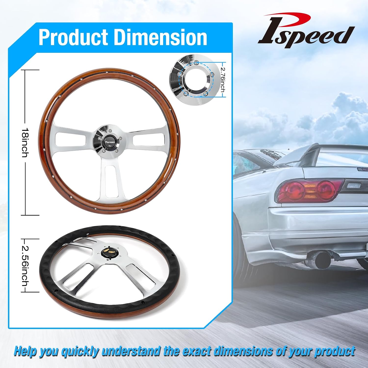 18' Solid Wood lacquering Truck Steering Wheel,Real Wood Grip 3 Spokes 5-Bolt Chrome-Plated aluminum Classic Steering Wheel fit for Kenworth,for Peterbilt,for Volvo,for Freightliner