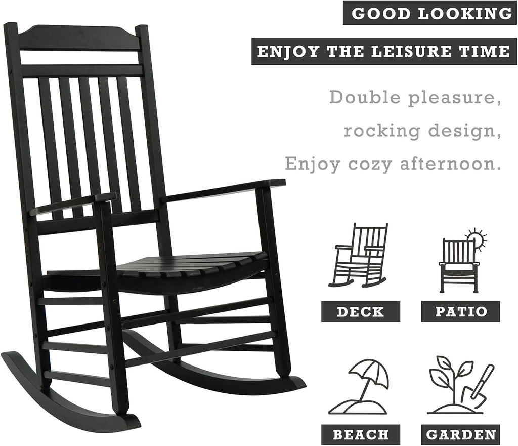 Kozyard Wooden Rocking Chair, Solid Wood Outdoor Rocker Chair with High Back & Slatted Seat, Ergonomic Porch Rocking Chair for Patio, Balcony, Garden, Indoor Outdoor Use (Black)