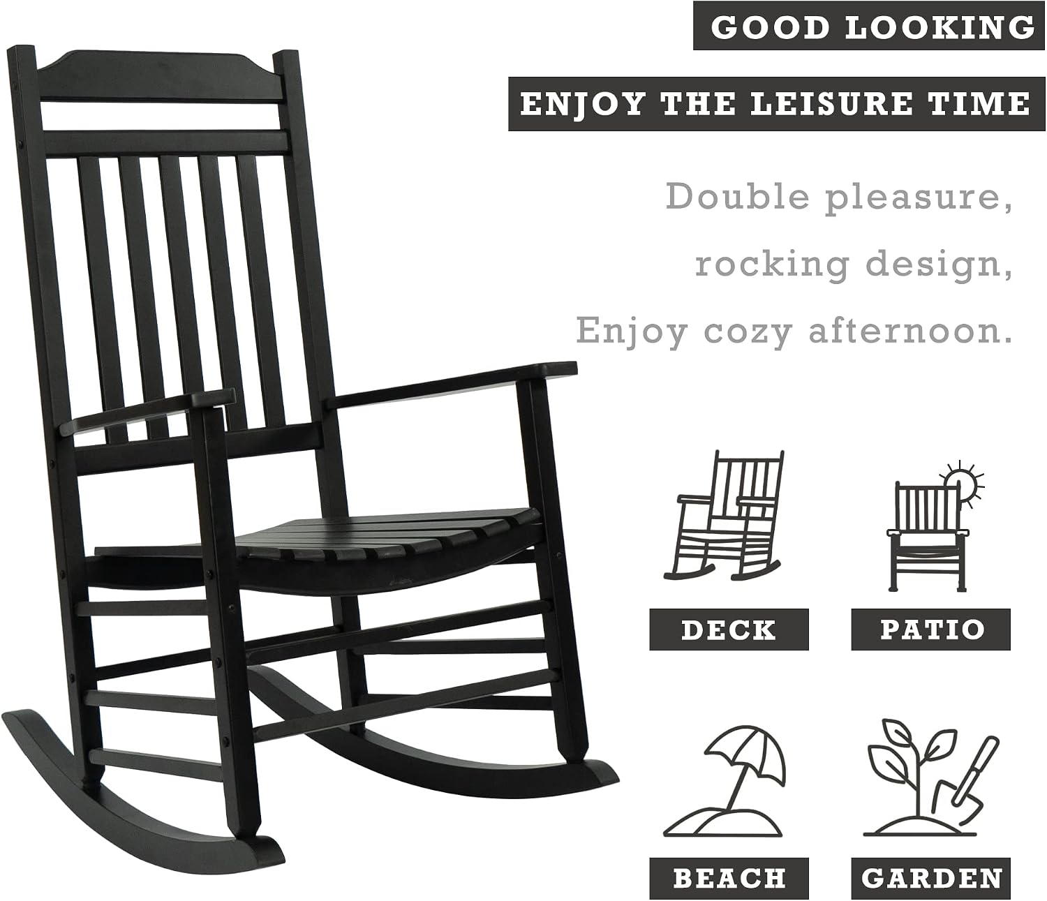 Kozyard Wooden Rocking Chair, Solid Wood Outdoor Rocker Chair with High Back & Slatted Seat, Ergonomic Porch Rocking Chair for Patio, Balcony, Garden, Indoor Outdoor Use (Black)